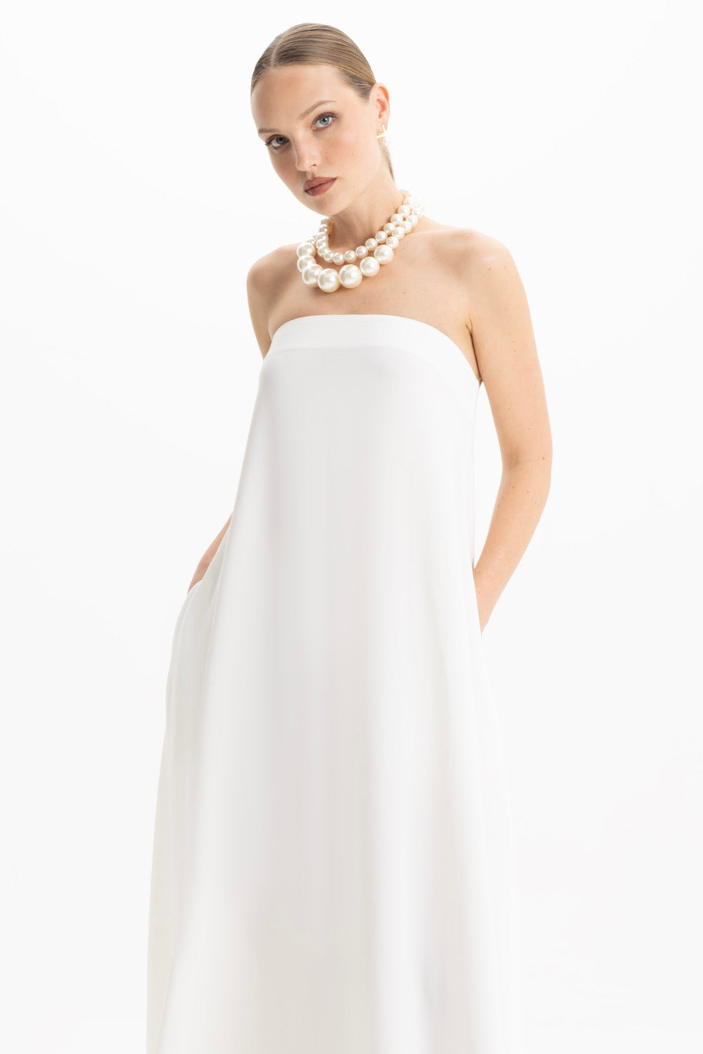 Shop Lora Istanbul Amy Crepe White Strapless Maxi Dress