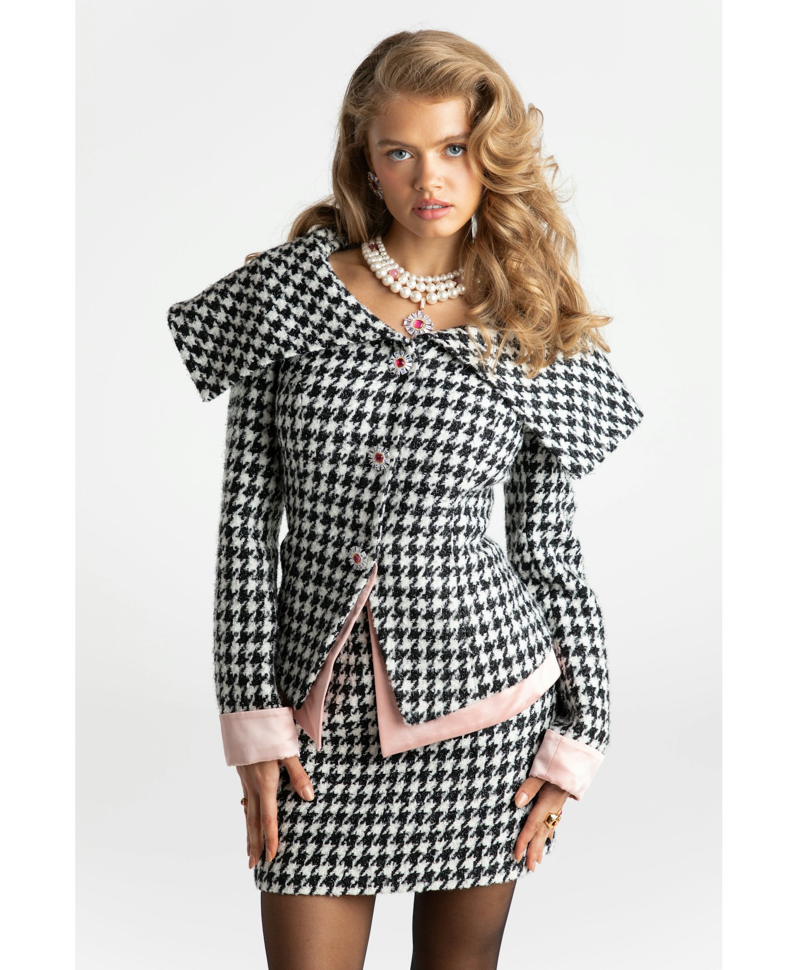 Nadia Lapel Jacket (Houndstooth) (Final Sale) in Black made by Nana Jacqueline