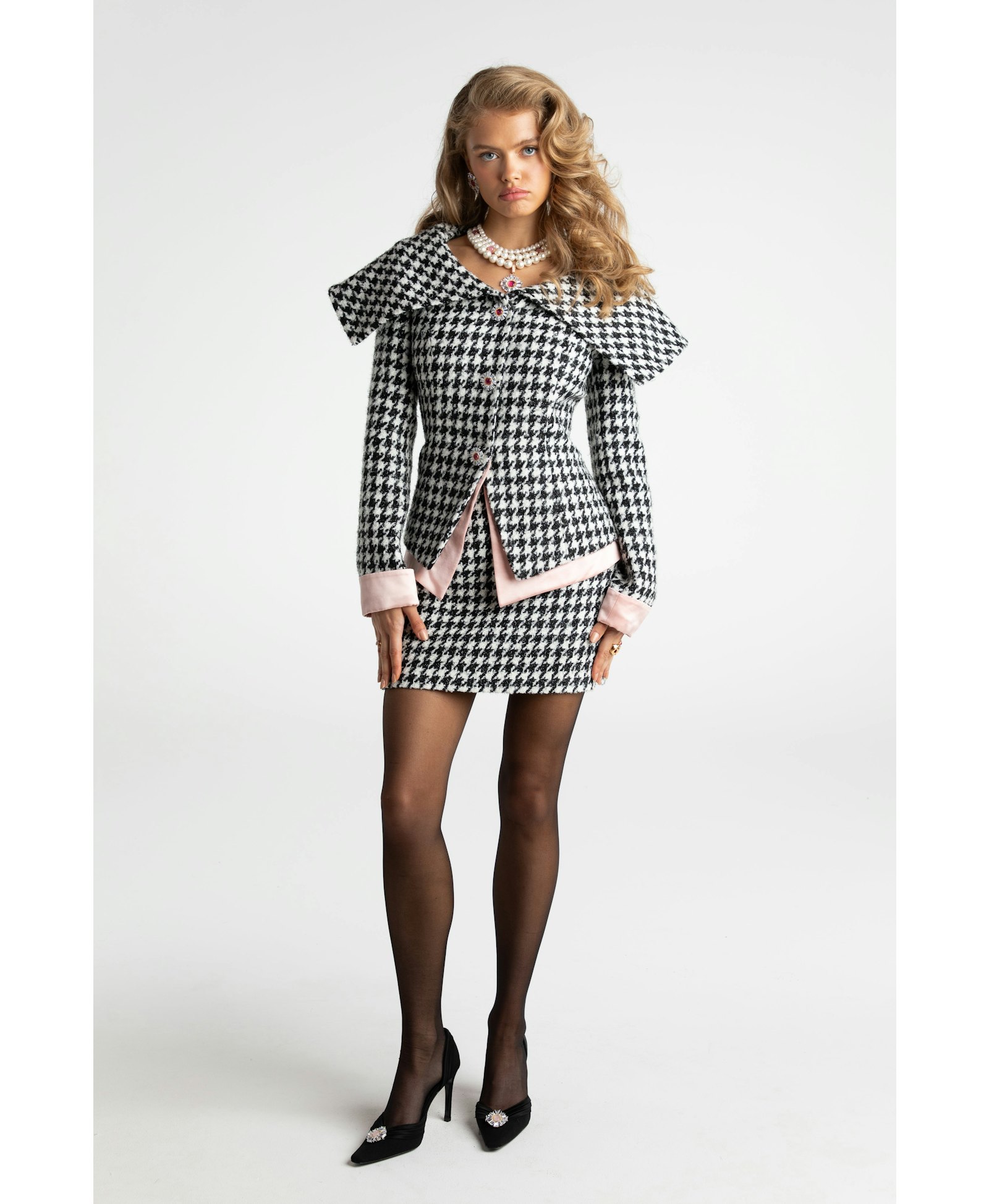 Nadia Lapel Jacket (Houndstooth) (Final Sale) in Black made by Nana Jacqueline