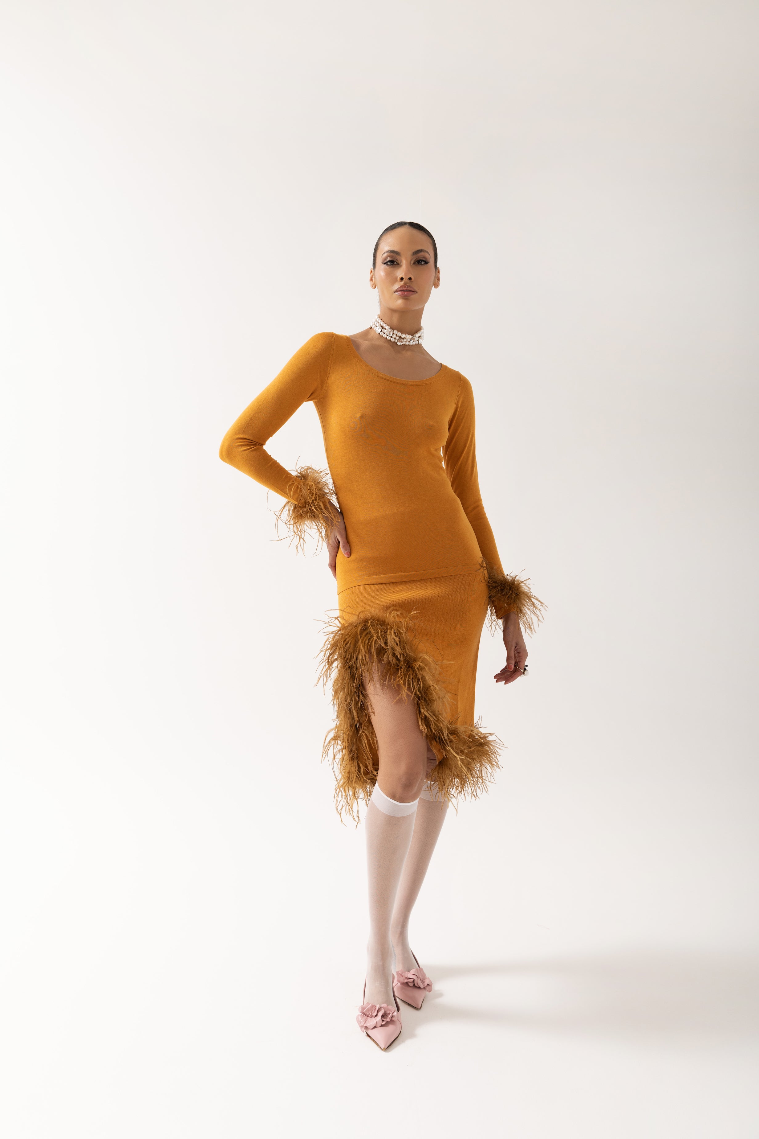 Shop Andreeva Camel Knit Top With Detachable Feather Cuffs In Brown