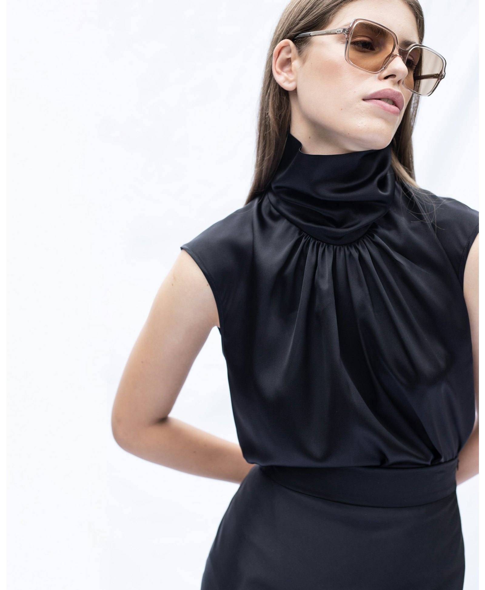 Draped Silk Turtleneck Blouse Black made by Vesna W