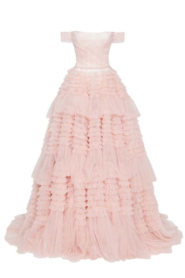 Millà Misty Rose Off-the-shoulder Frill-layered Gown In Pink