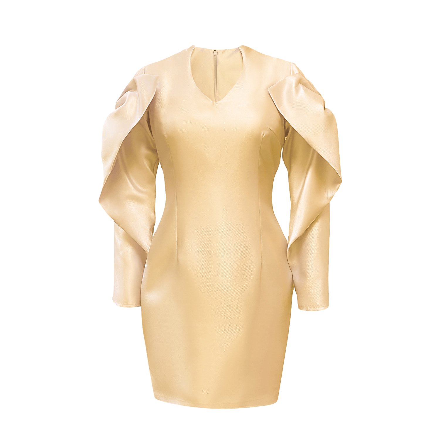 Anitabel V Neck Nipped At The Waist Dress With Bow Structured Sleeve In Champagne In Beige