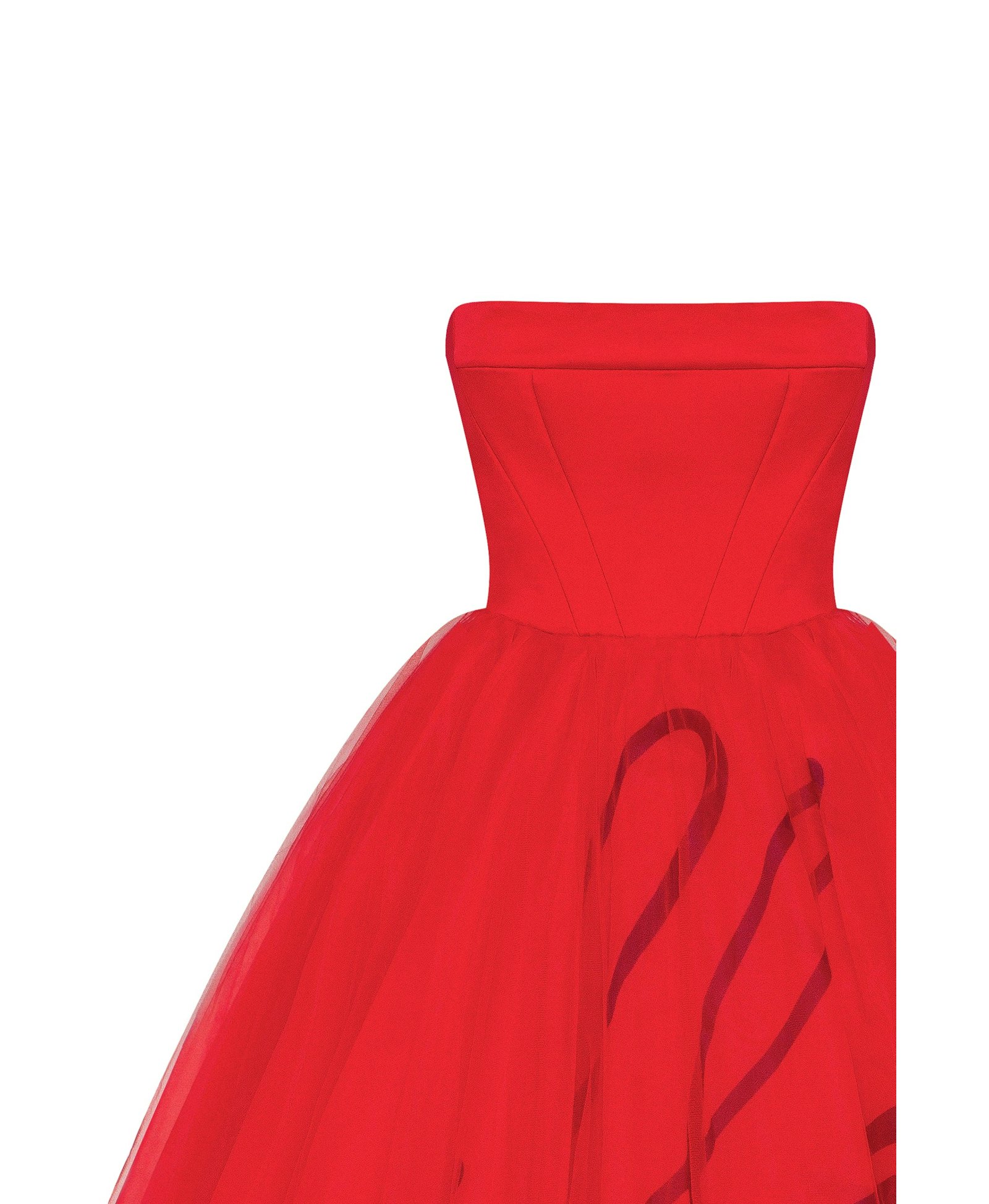 Dramatic red organza dress adorned with Milla's signature and black gloves, Xo Xo made by Milla