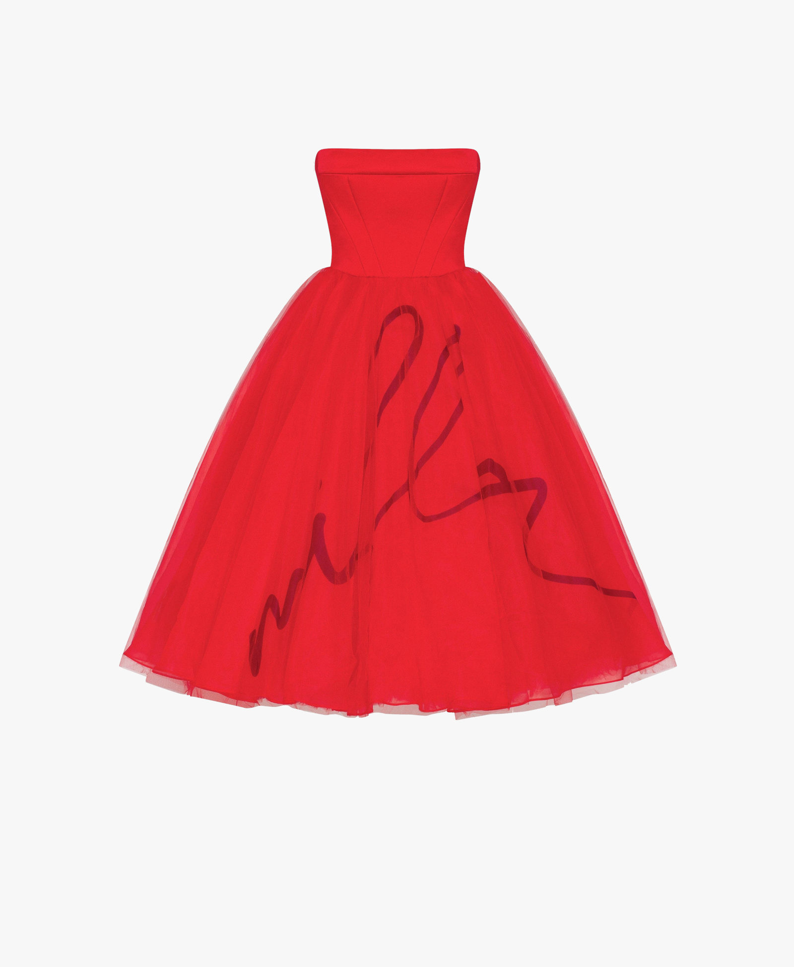 Dramatic red organza dress adorned with Milla's signature and black gloves, Xo Xo made by Milla