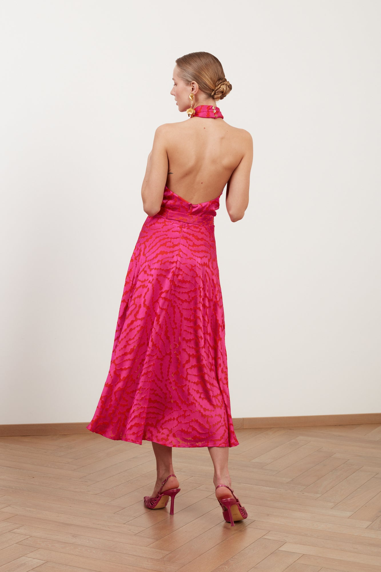 Shop Undress Heidi Red Fuchsia Print Halter Neck Midi Dress