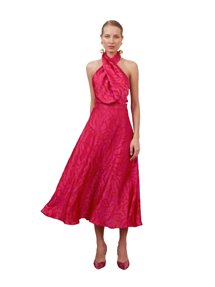 Undress Heidi Red Fuchsia Print Halter Neck Midi Dress In Pink