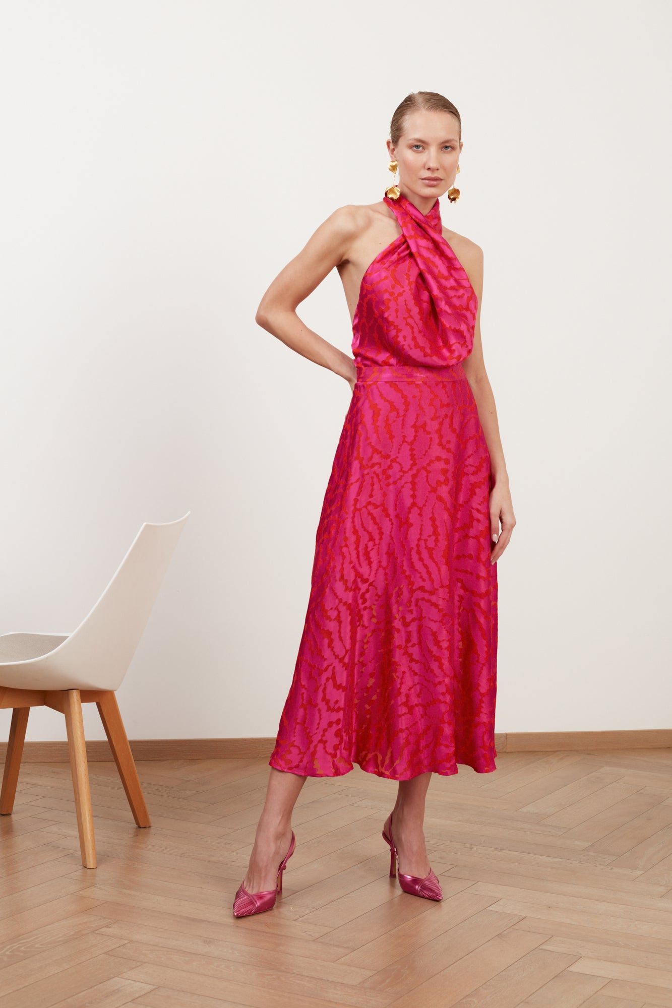 Shop Undress Heidi Red Fuchsia Print Halter Neck Midi Dress