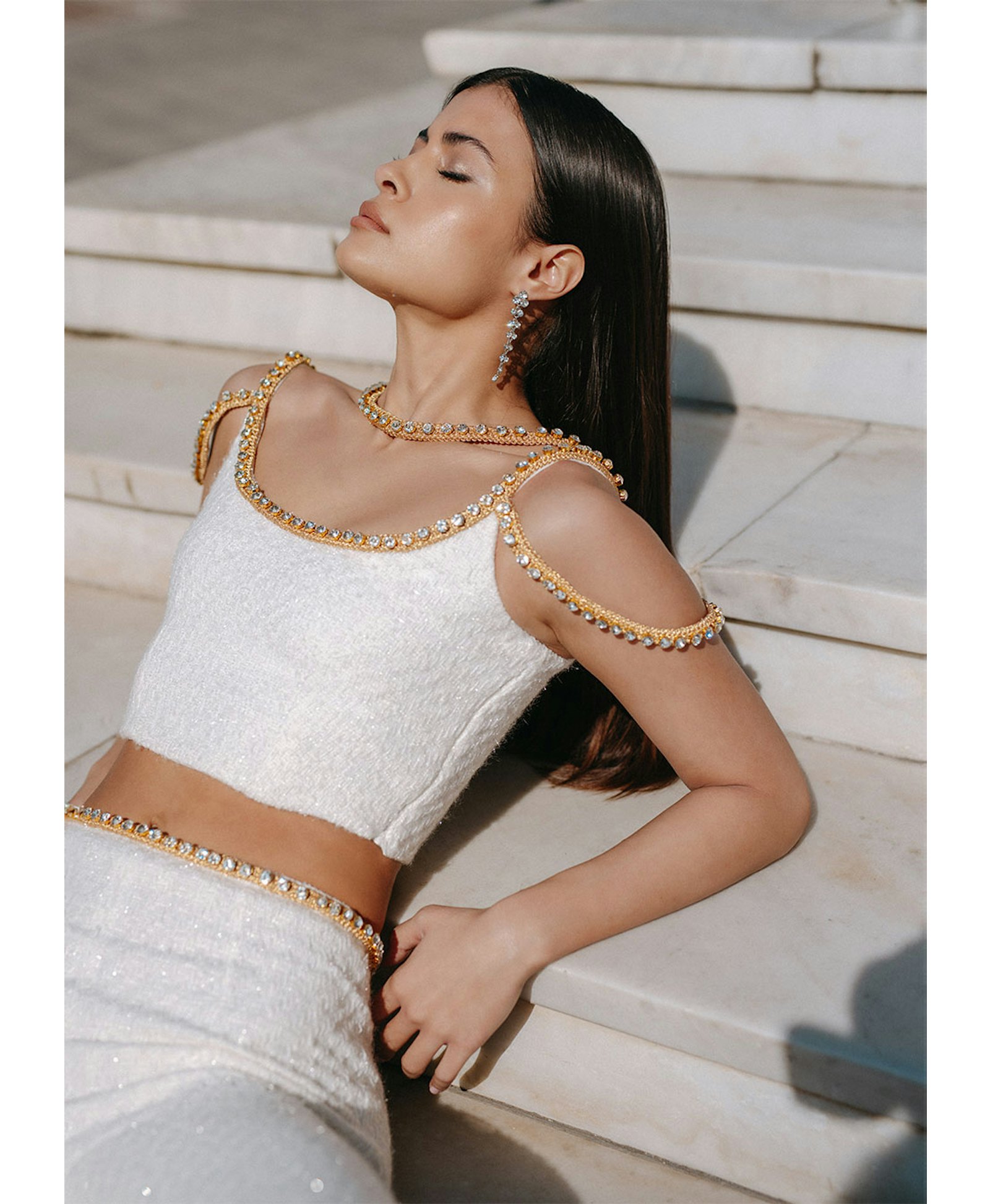 Gold thread-embroidered tweed pants made by Monika Dimova