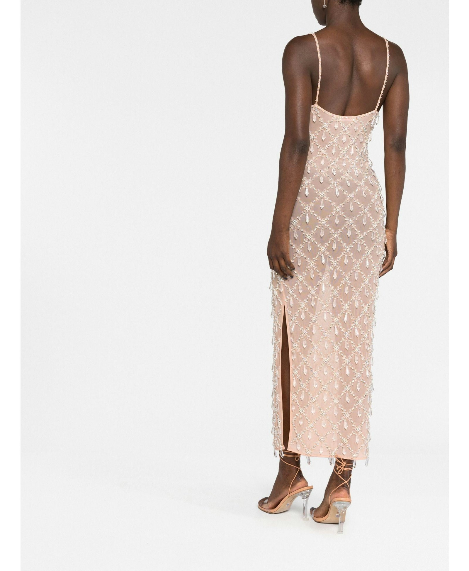 Calliope Luxury Crystal Nude Maxi Party Dress in Beige made by Oceanus Swimwear