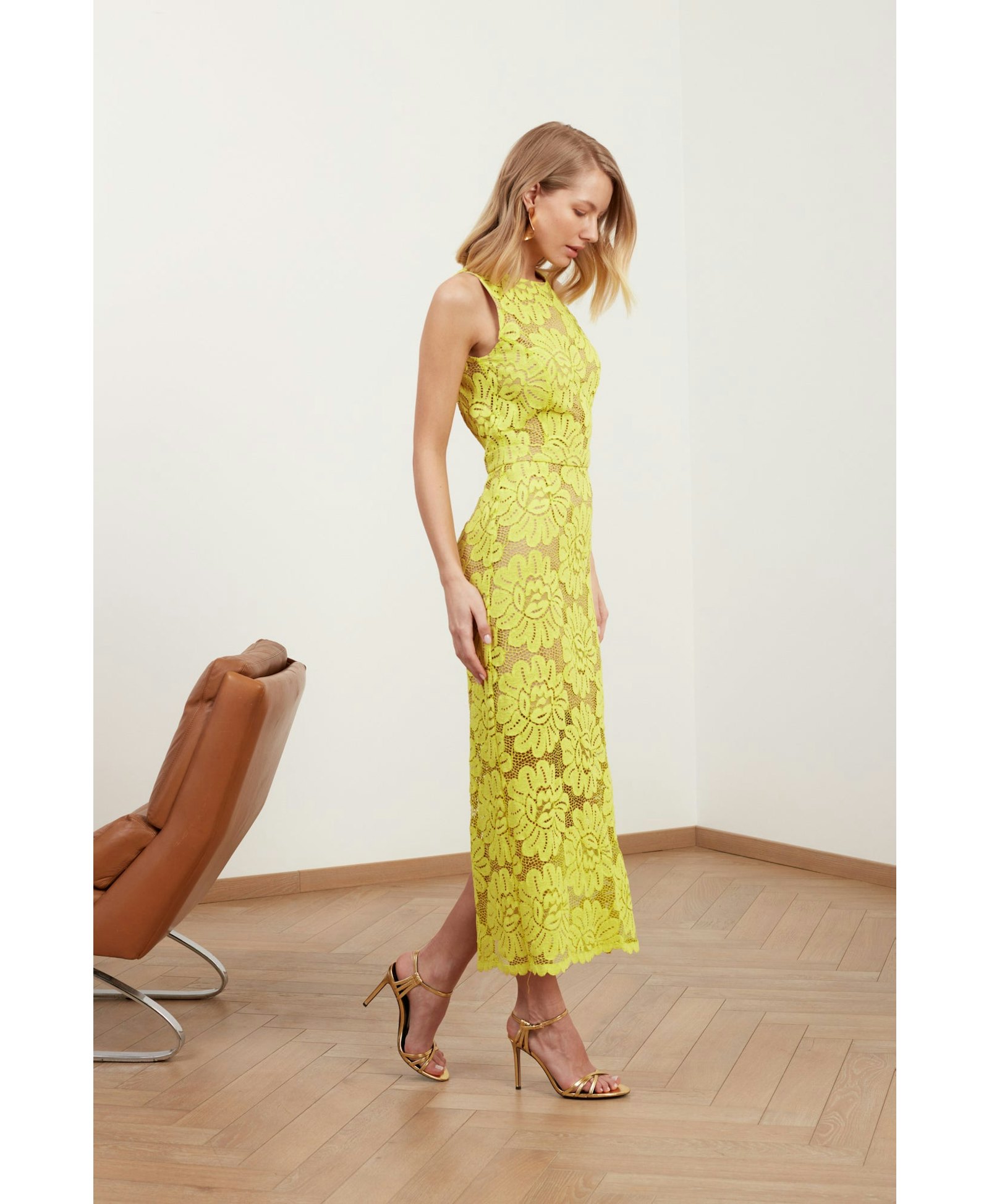 YEMA lime green lace midi dress with naked back made by UNDRESS