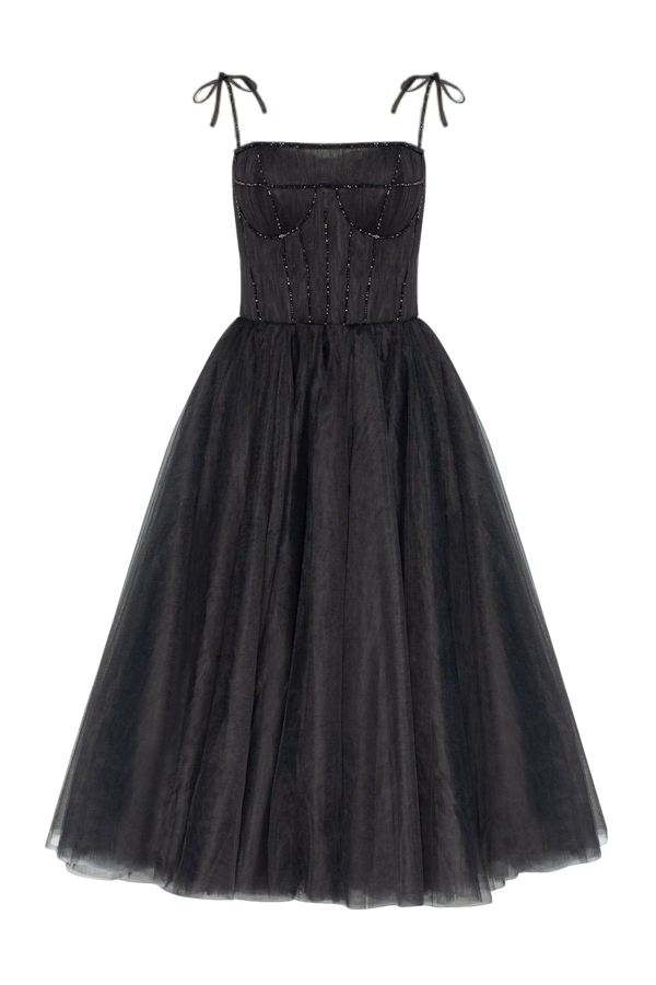Millà Black Tie-strap Cocktail Dress With The Elegant Corset Embroidery