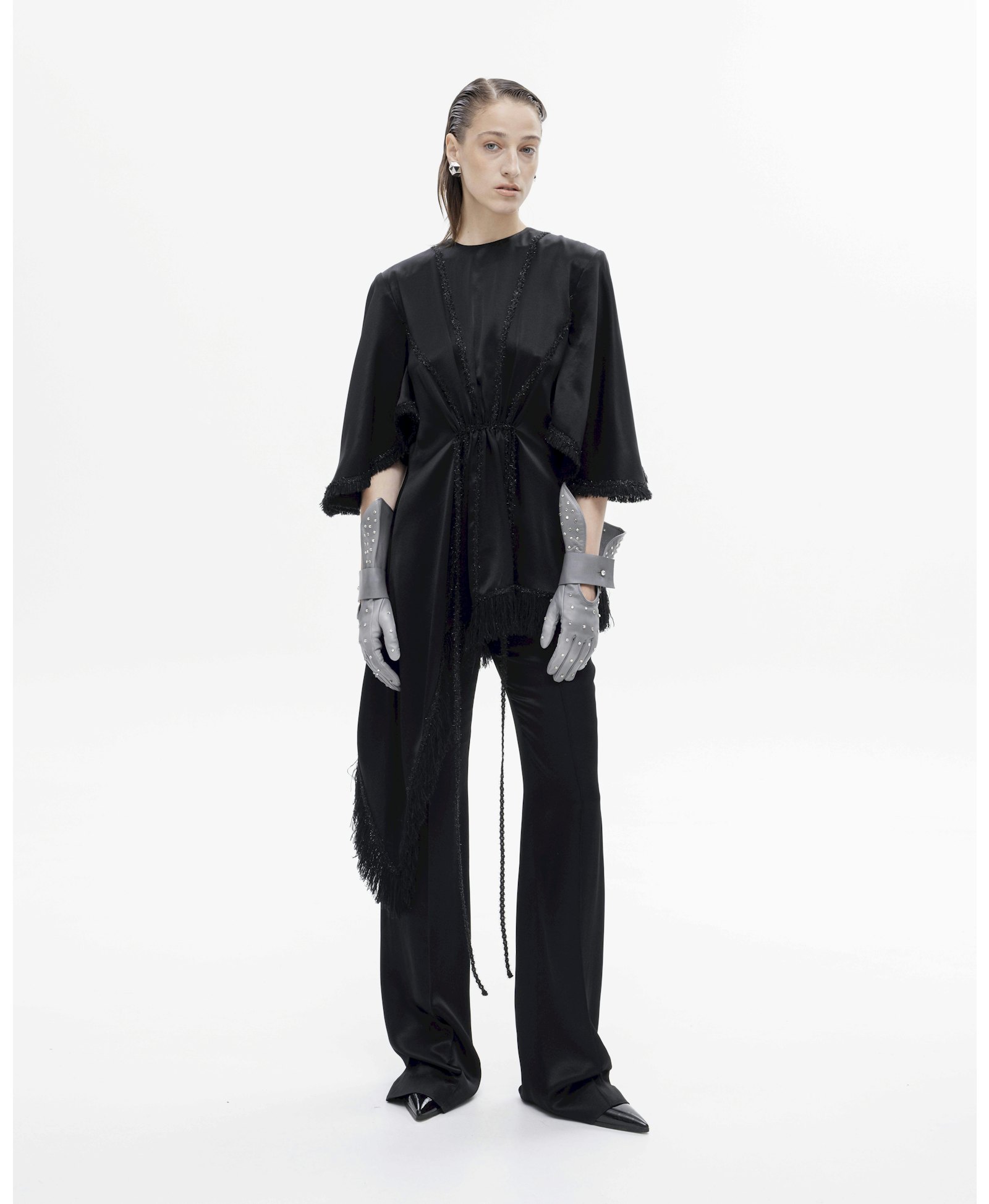 Fringe trim asymmetrical mini dress made by Maria Kokhia