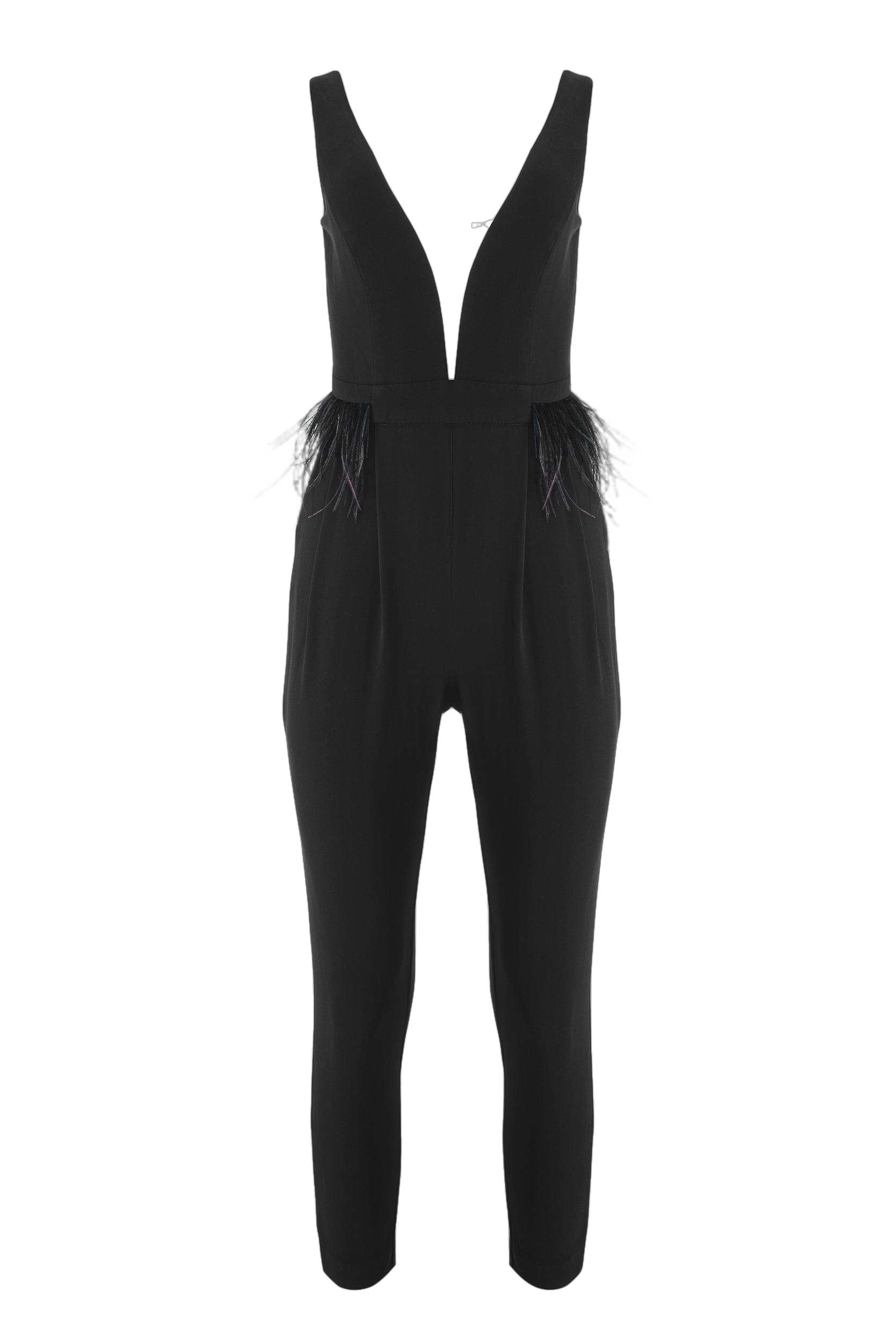 Lita Couture Feather-trimmed V-neck Jumpsuit