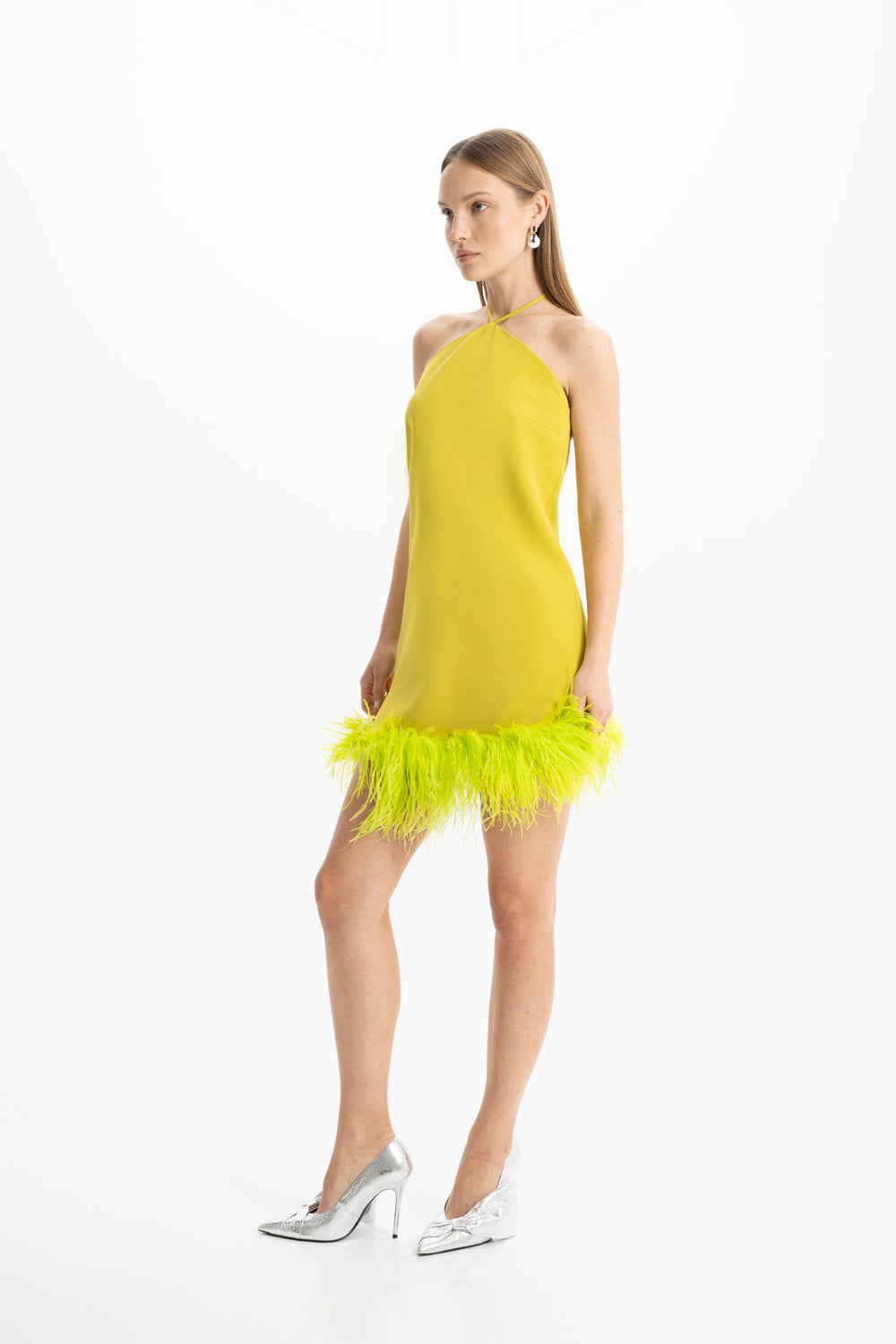 Shop Lora Istanbul Keira Halter Green Mini Feather Dress