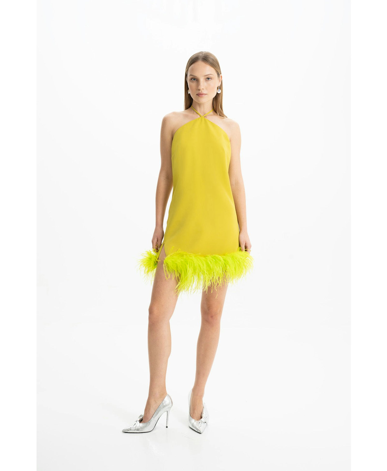 Keira Halter Green Mini Feather Dress made by Lora Istanbul