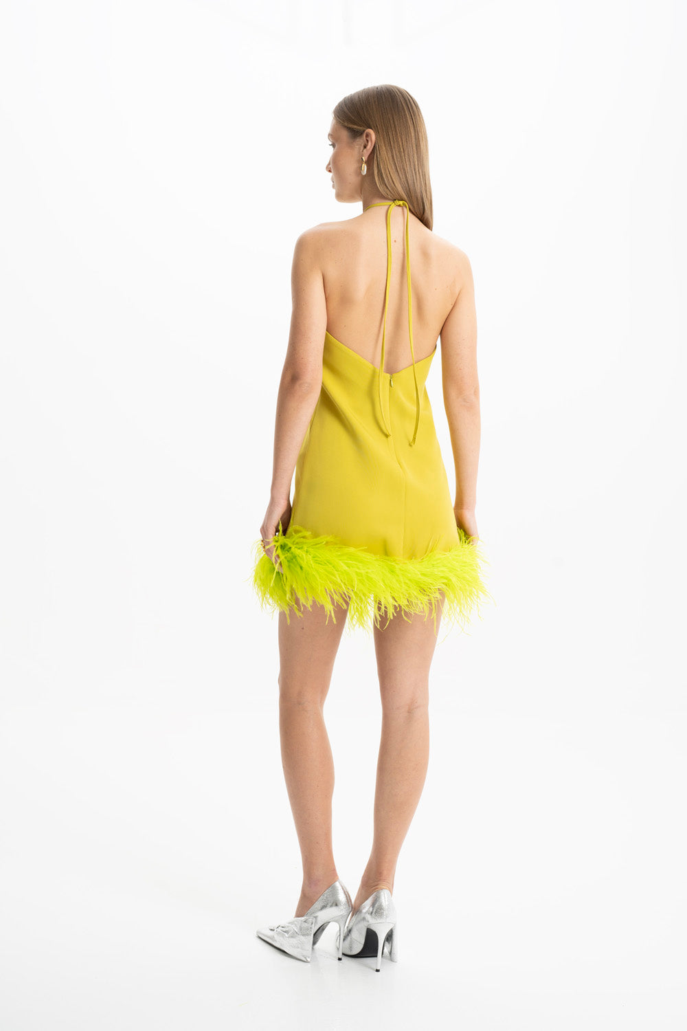 Shop Lora Istanbul Keira Halter Green Mini Feather Dress