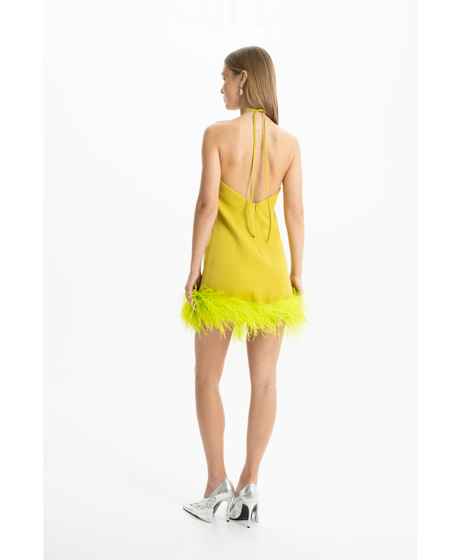 Keira Halter Green Mini Feather Dress made by Lora Istanbul