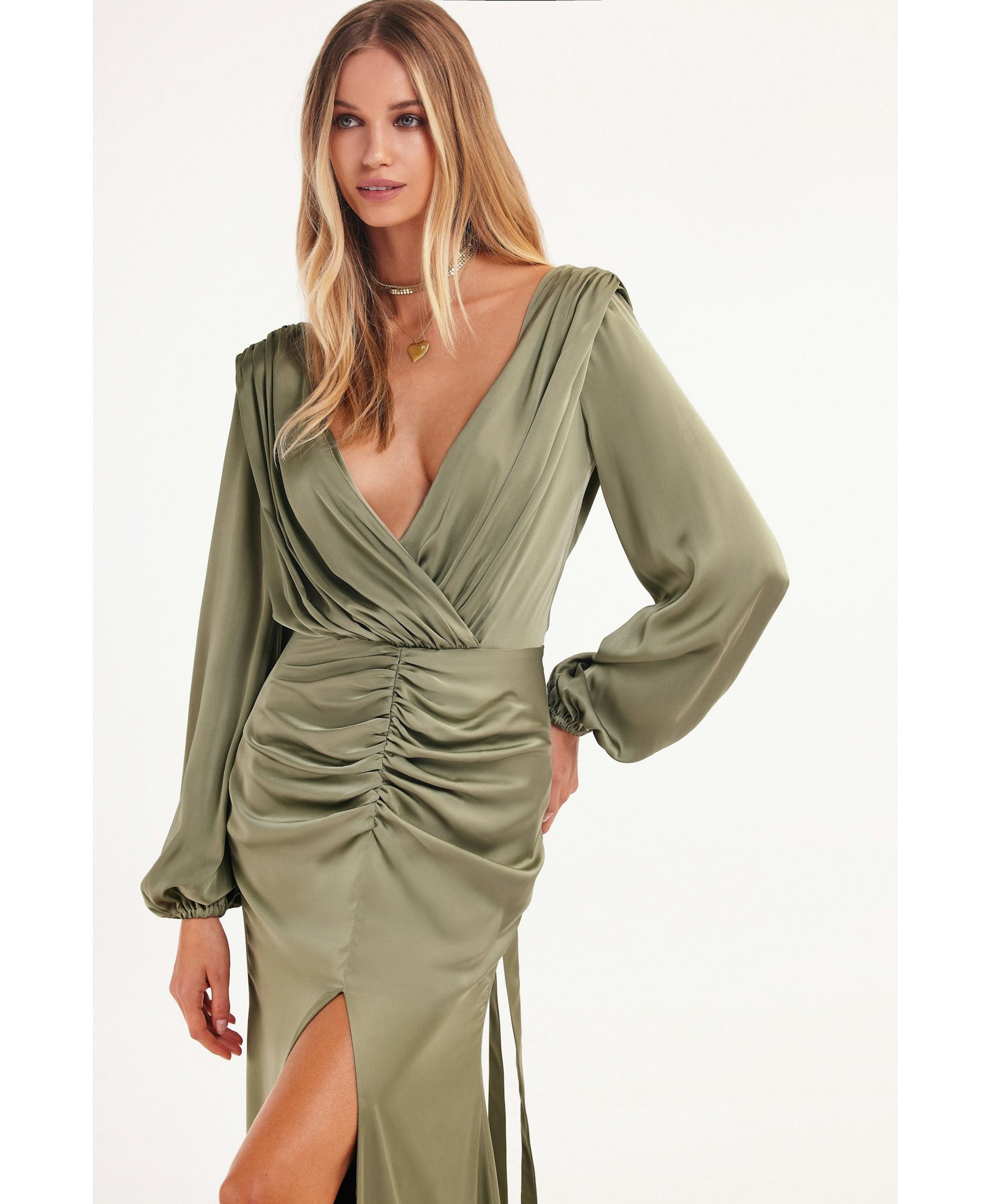 Fancy olive silk maxi evening dress made by Milla
