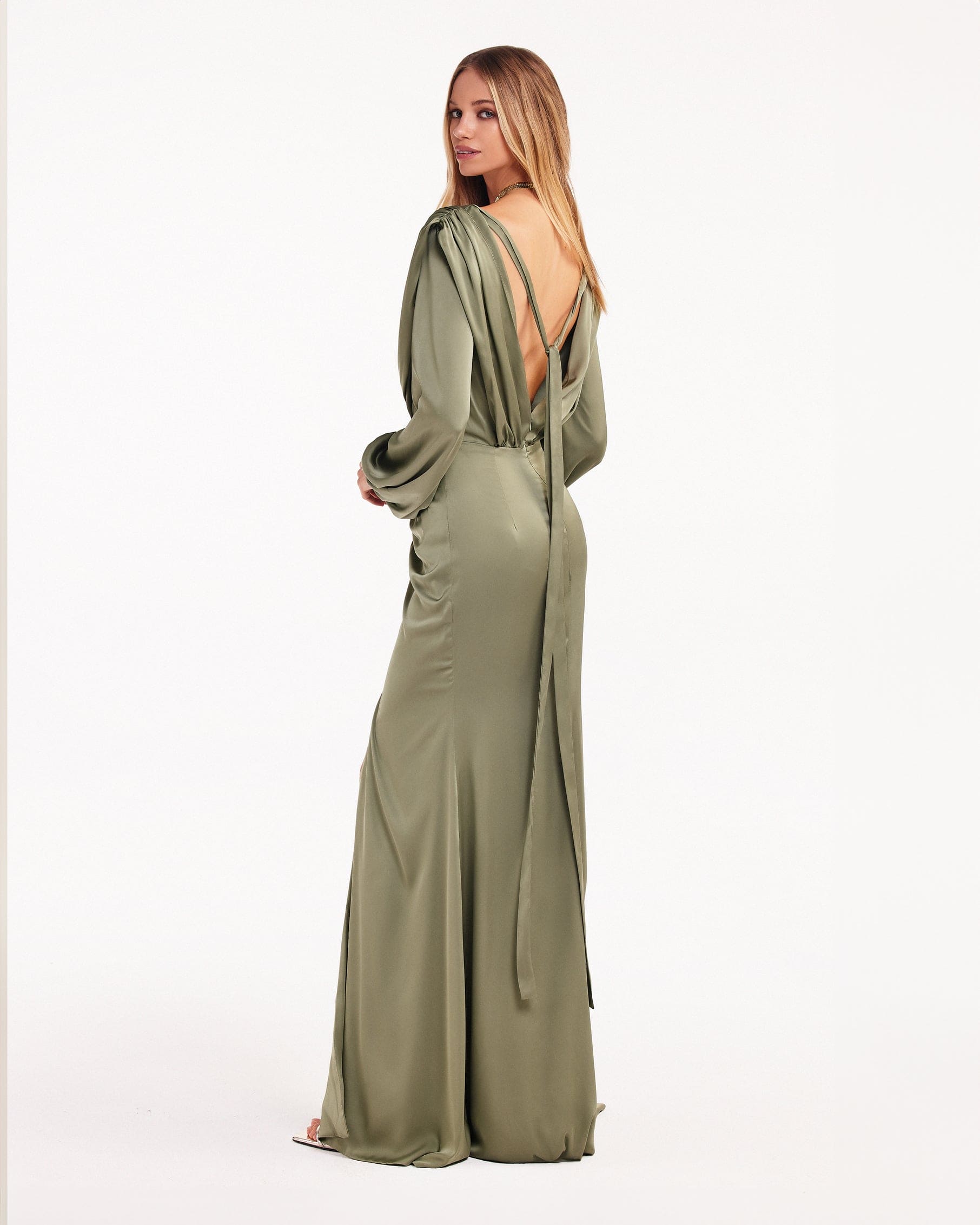 Shop Milla Fancy Olive Silk Maxi Evening Dress In Green