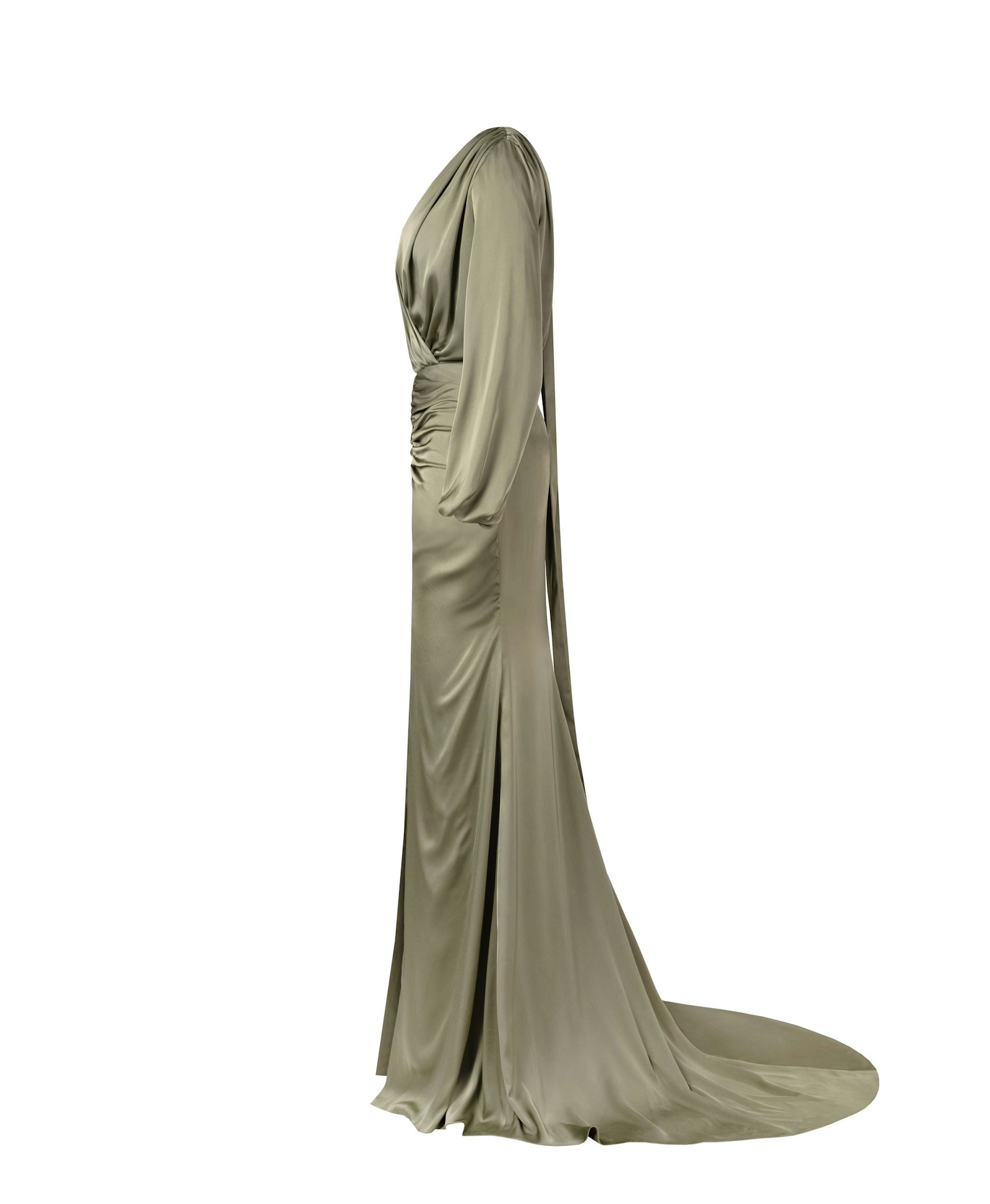 Fancy olive silk maxi evening dress made by Milla