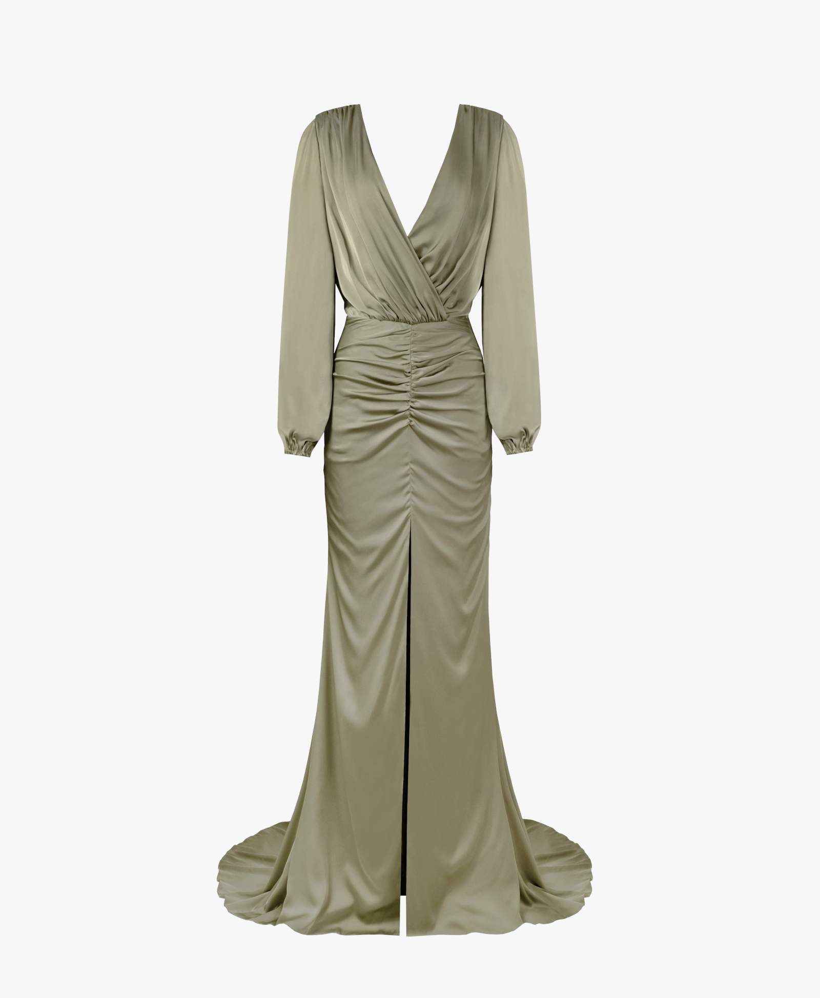 Fancy olive silk maxi evening dress made by Milla