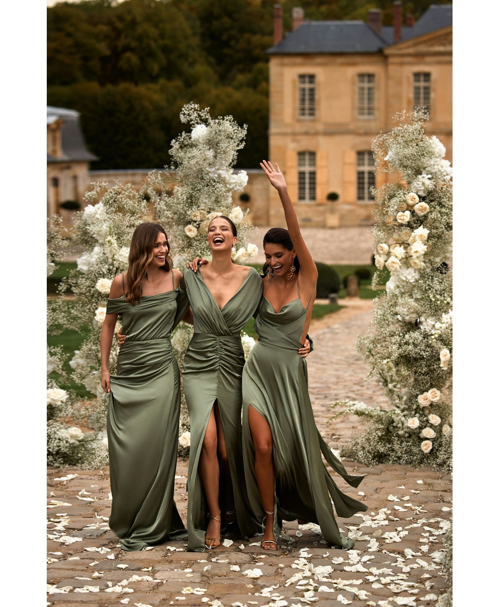Fancy olive silk maxi evening dress made by Milla