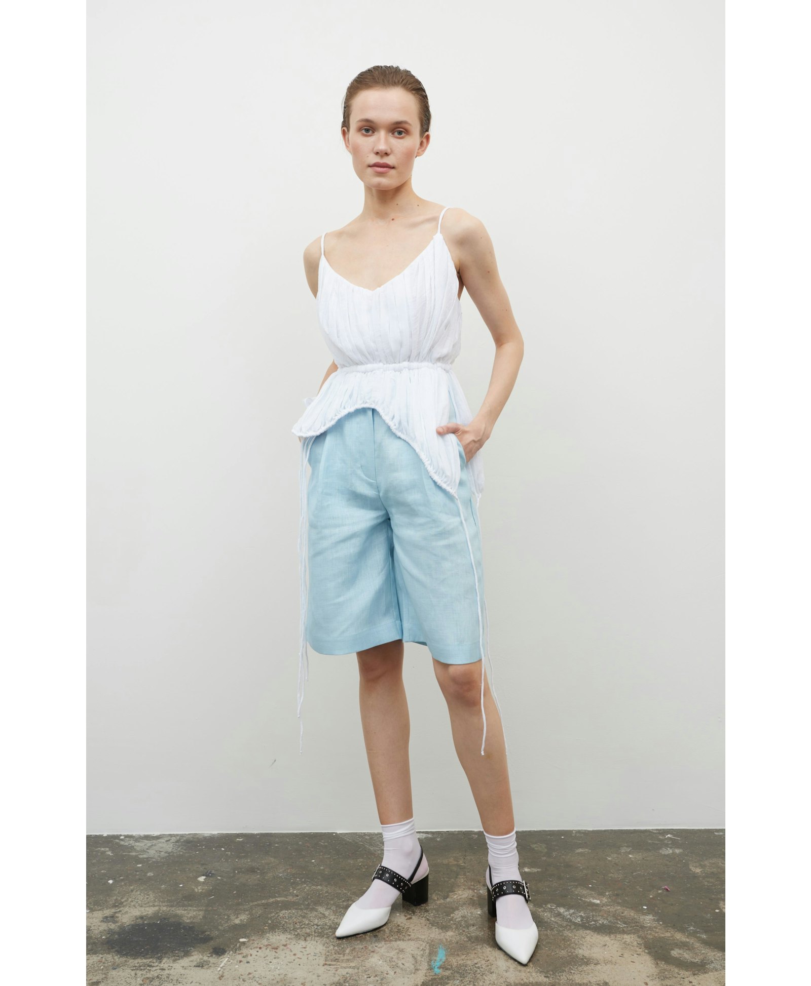 Knee-length H-line shorts made by Tamar Keburia