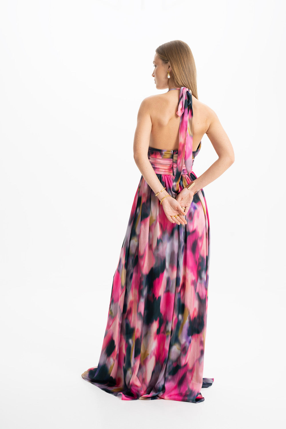 Shop Lora Istanbul Diana Satin Multi Color Draped Maxi Dress