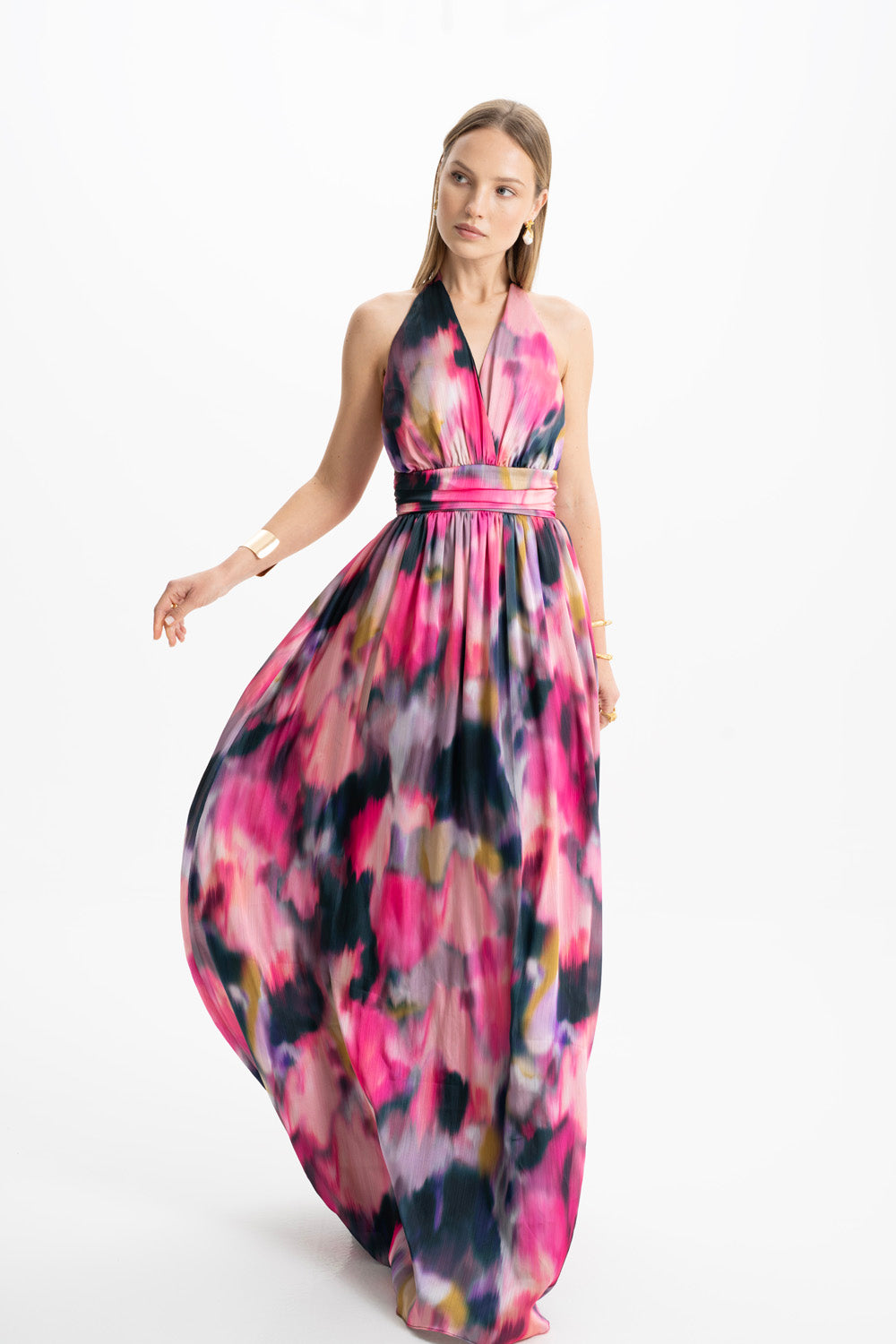 Shop Lora Istanbul Diana Satin Multi Color Draped Maxi Dress