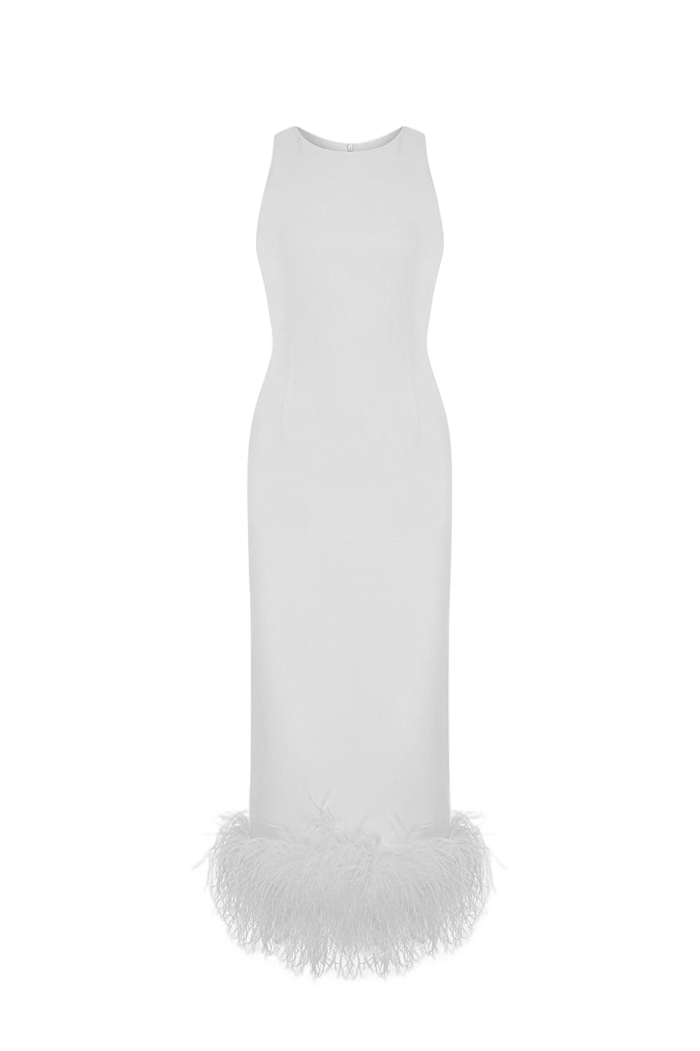Ila Puri-midi Dress With Feather Trim In White