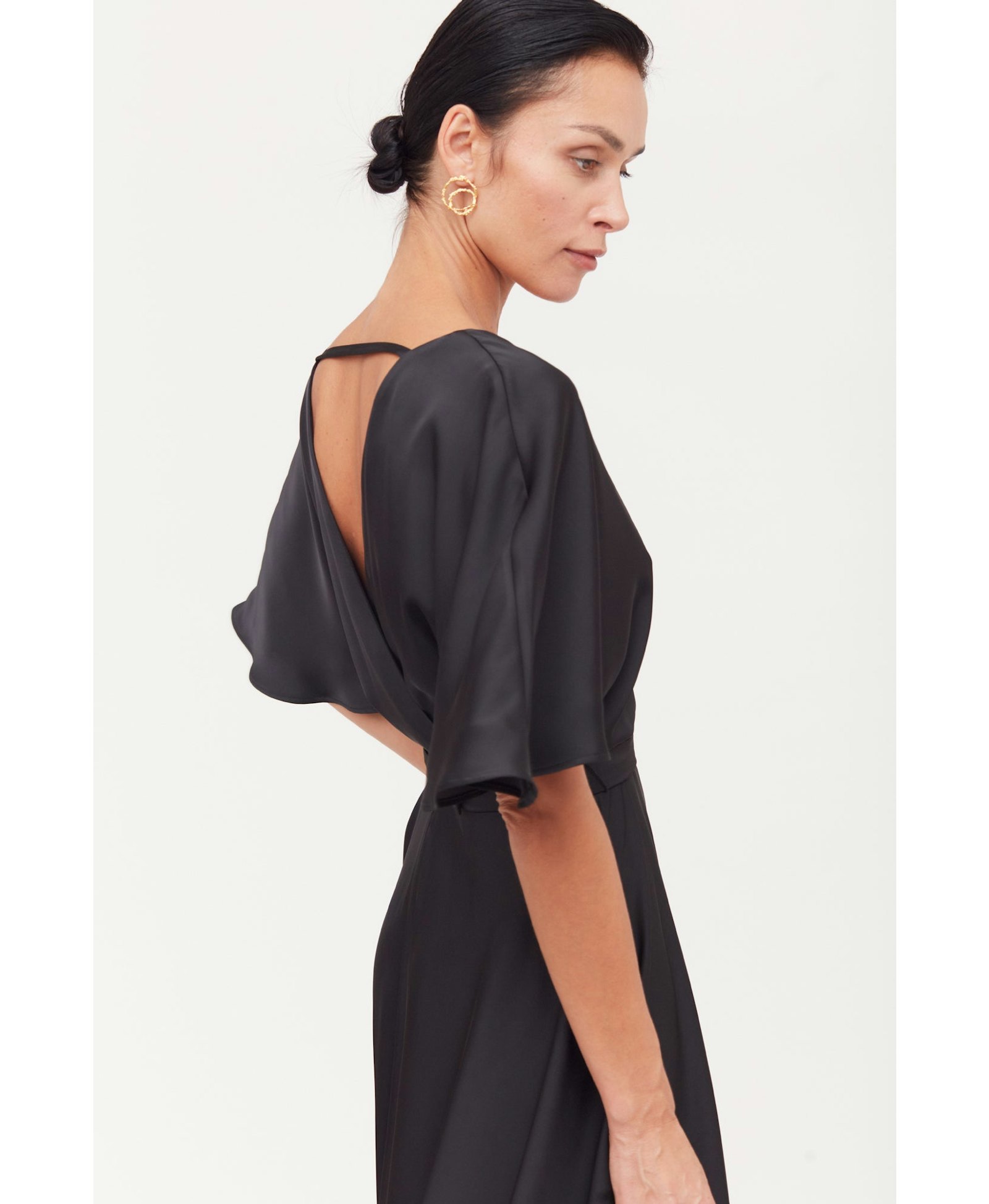 SONYA Black Satin Midi Cocktail Dress With Flattering Skirt made by UNDRESS