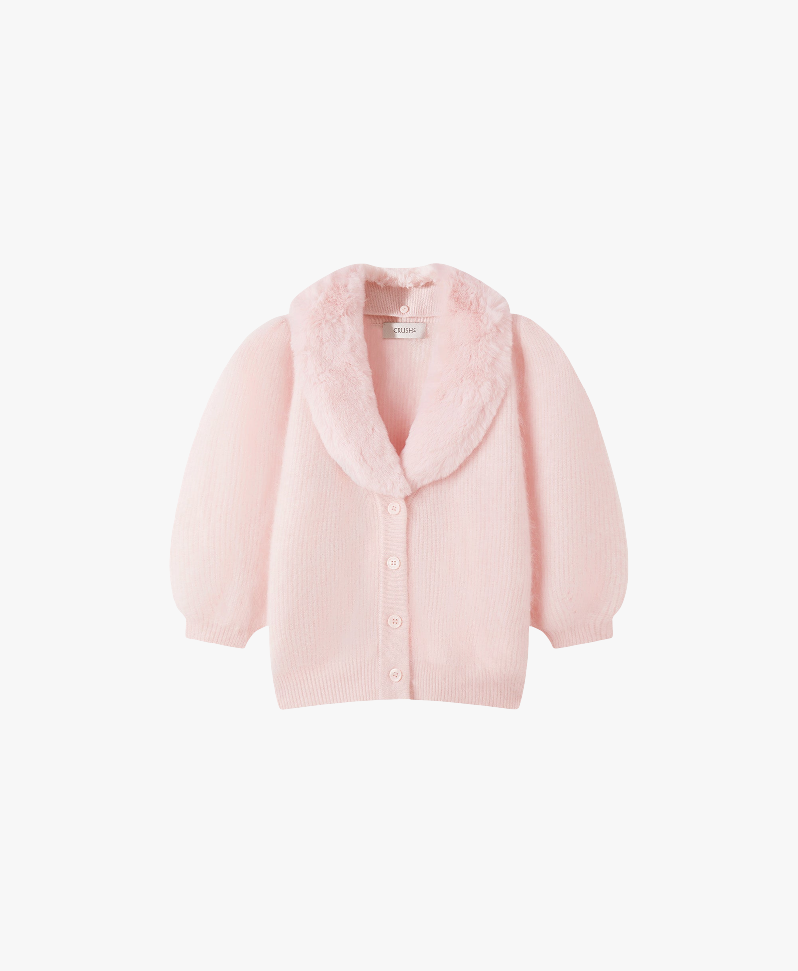 FLUFFY BALLOON-SLEEVED CASHMERE CARDIGAN WITH FAUX FUR COLLAR in Pink made by CRUSH Collection