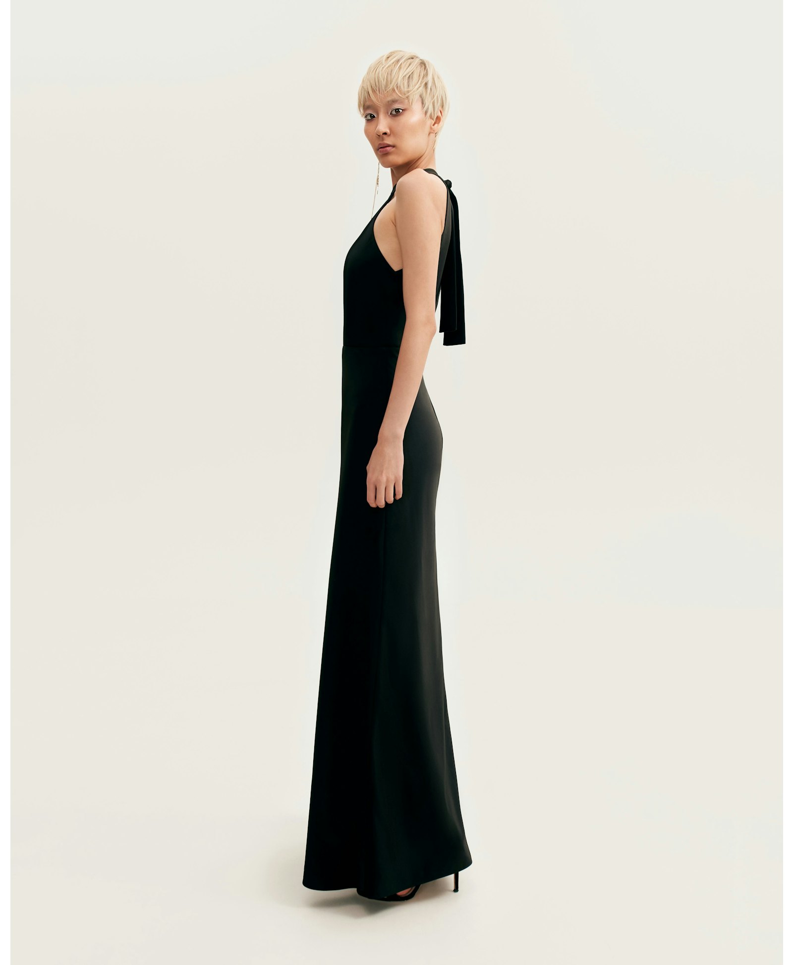 Classical black halterneck satin maxi dress, Xo Xo made by Milla