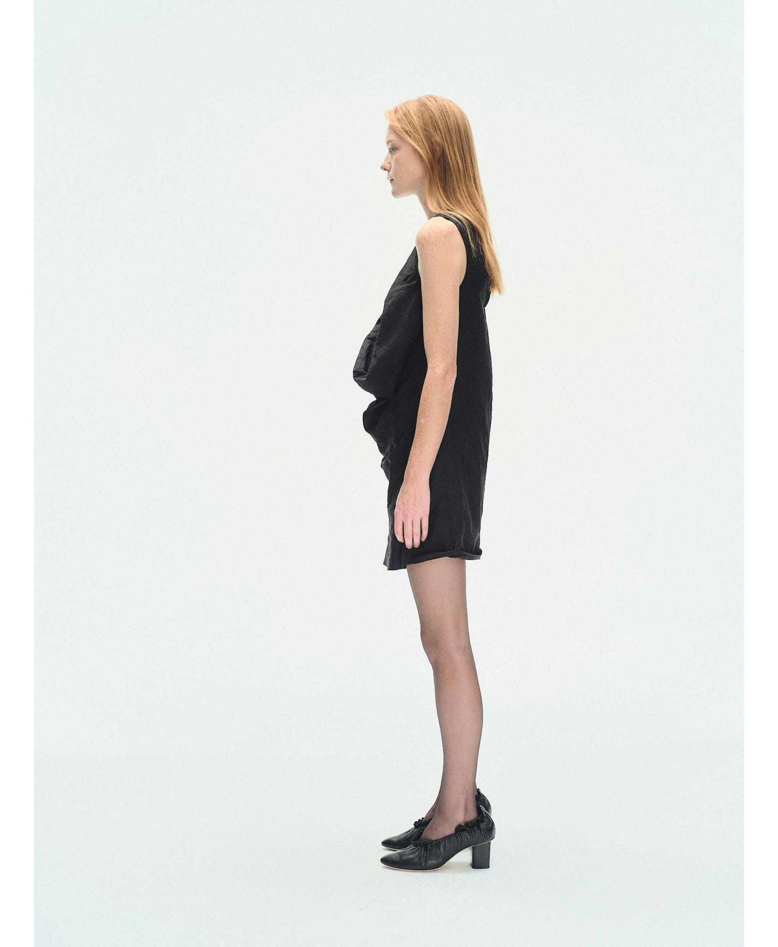 BLACK TEXTURED DRAPED MINI DRESS made by YIBRI