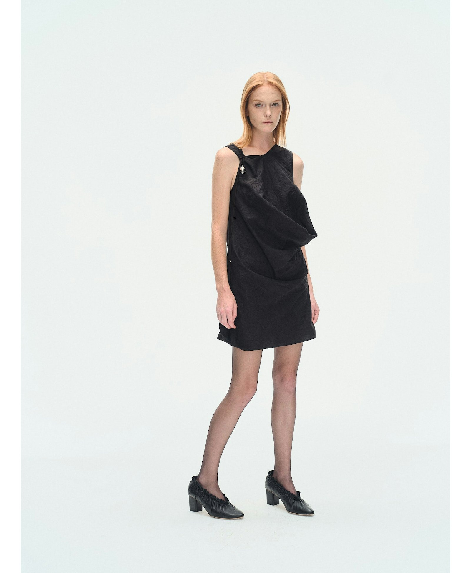 BLACK TEXTURED DRAPED MINI DRESS made by YIBRI