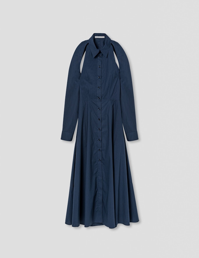 A Line Convertible Sleeves-detail Halter Shirtdress In Ink Blue