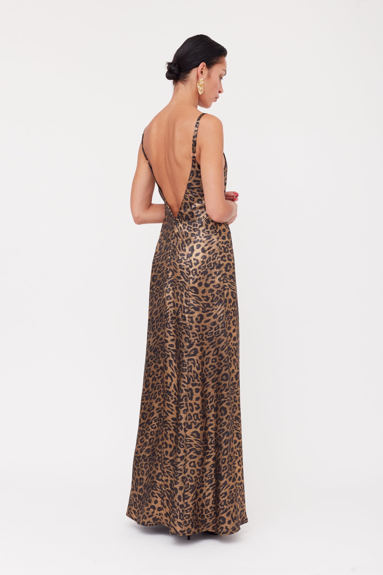 Shop Undress Ines Leopard Metallic Fabric Long Open Back Dress