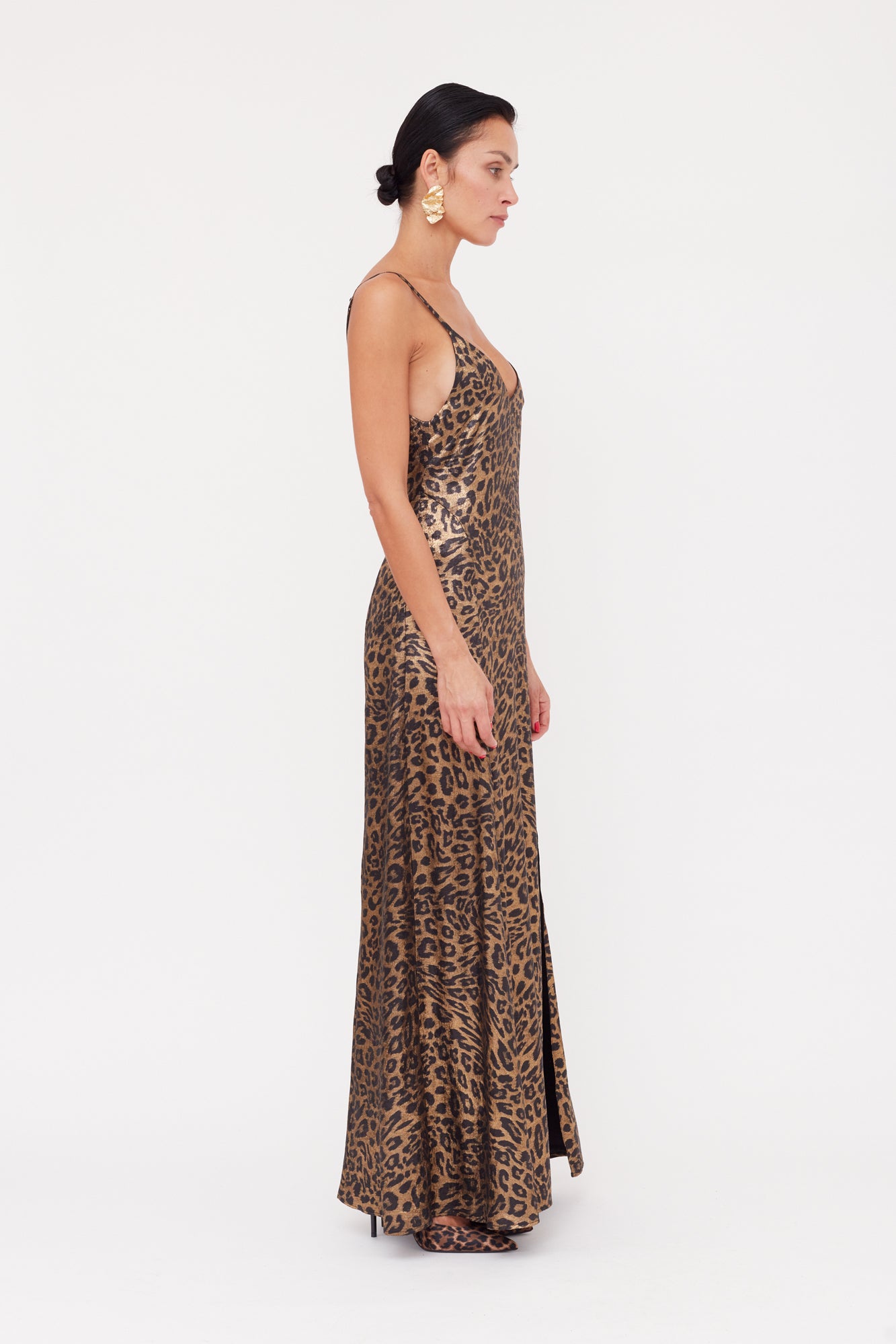 Shop Undress Ines Leopard Metallic Fabric Long Open Back Dress