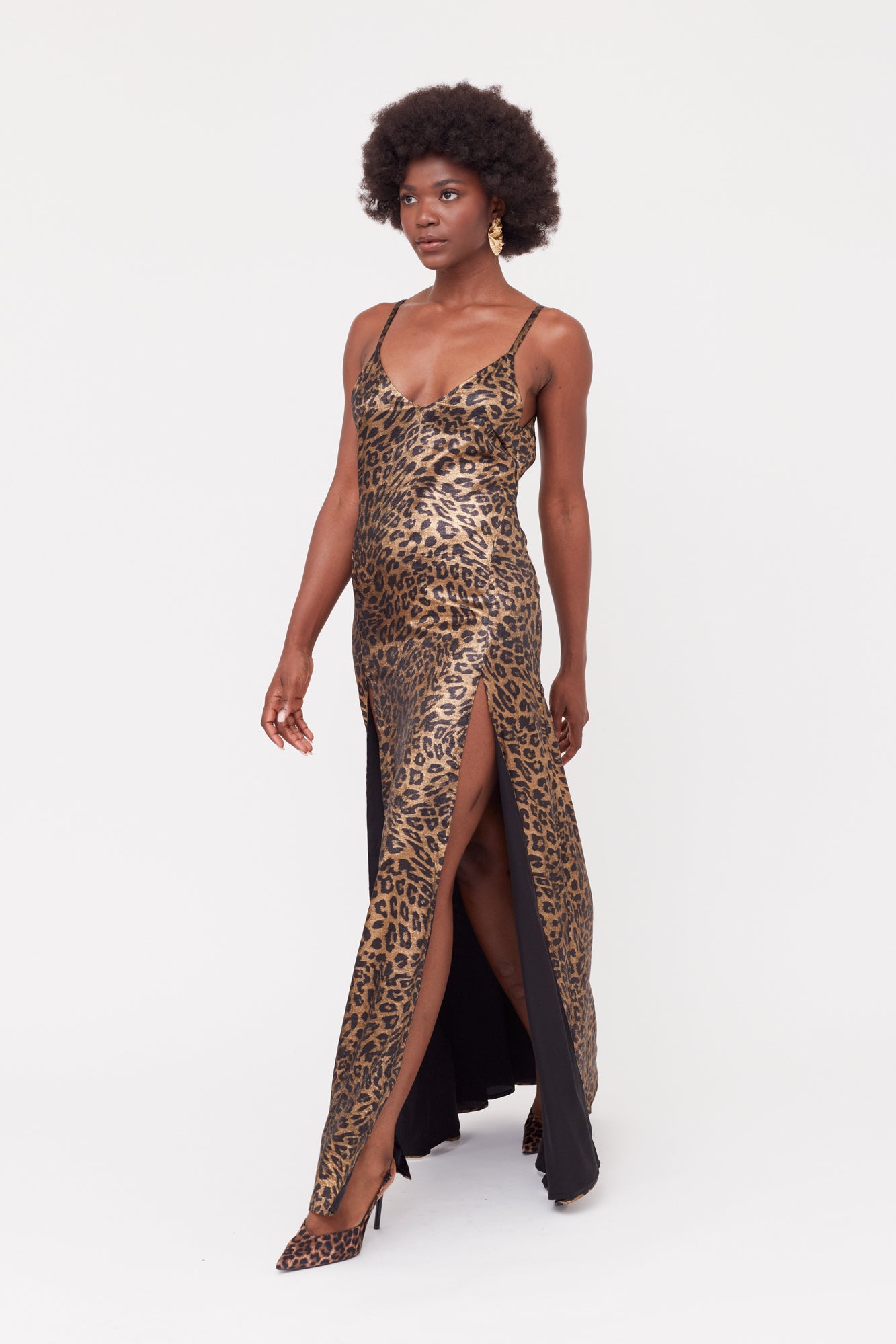 Shop Undress Ines Leopard Metallic Fabric Long Open Back Dress