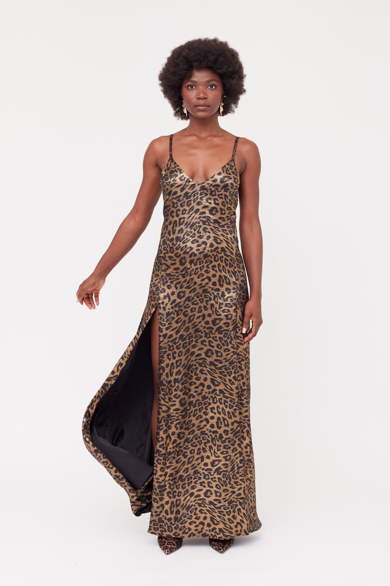 Shop Undress Ines Leopard Metallic Fabric Long Open Back Dress