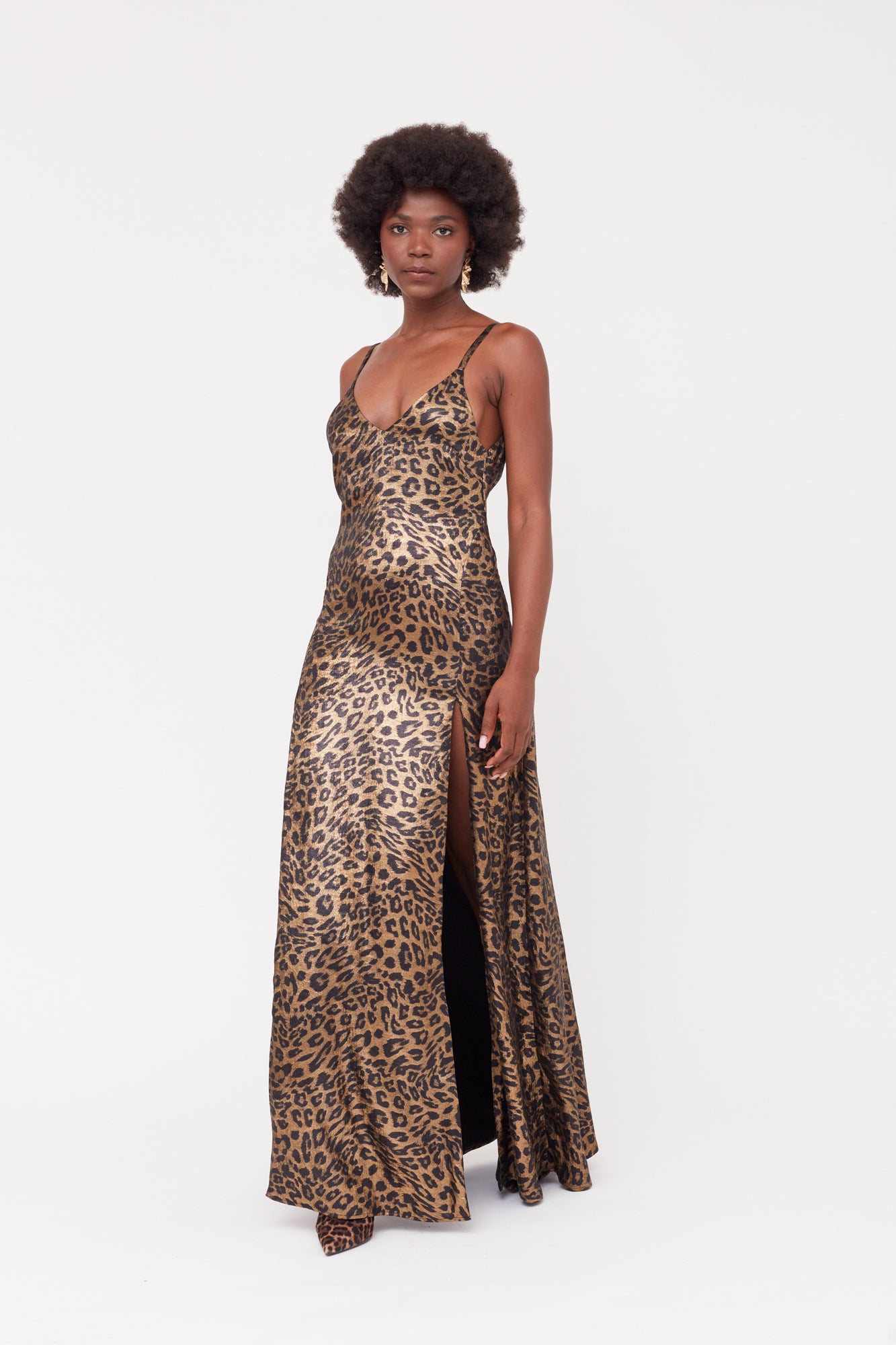 Shop Undress Ines Leopard Metallic Fabric Long Open Back Dress