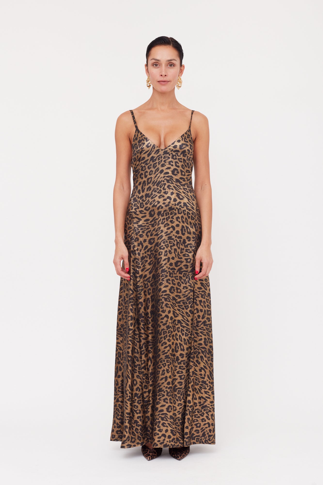 Shop Undress Ines Leopard Metallic Fabric Long Open Back Dress