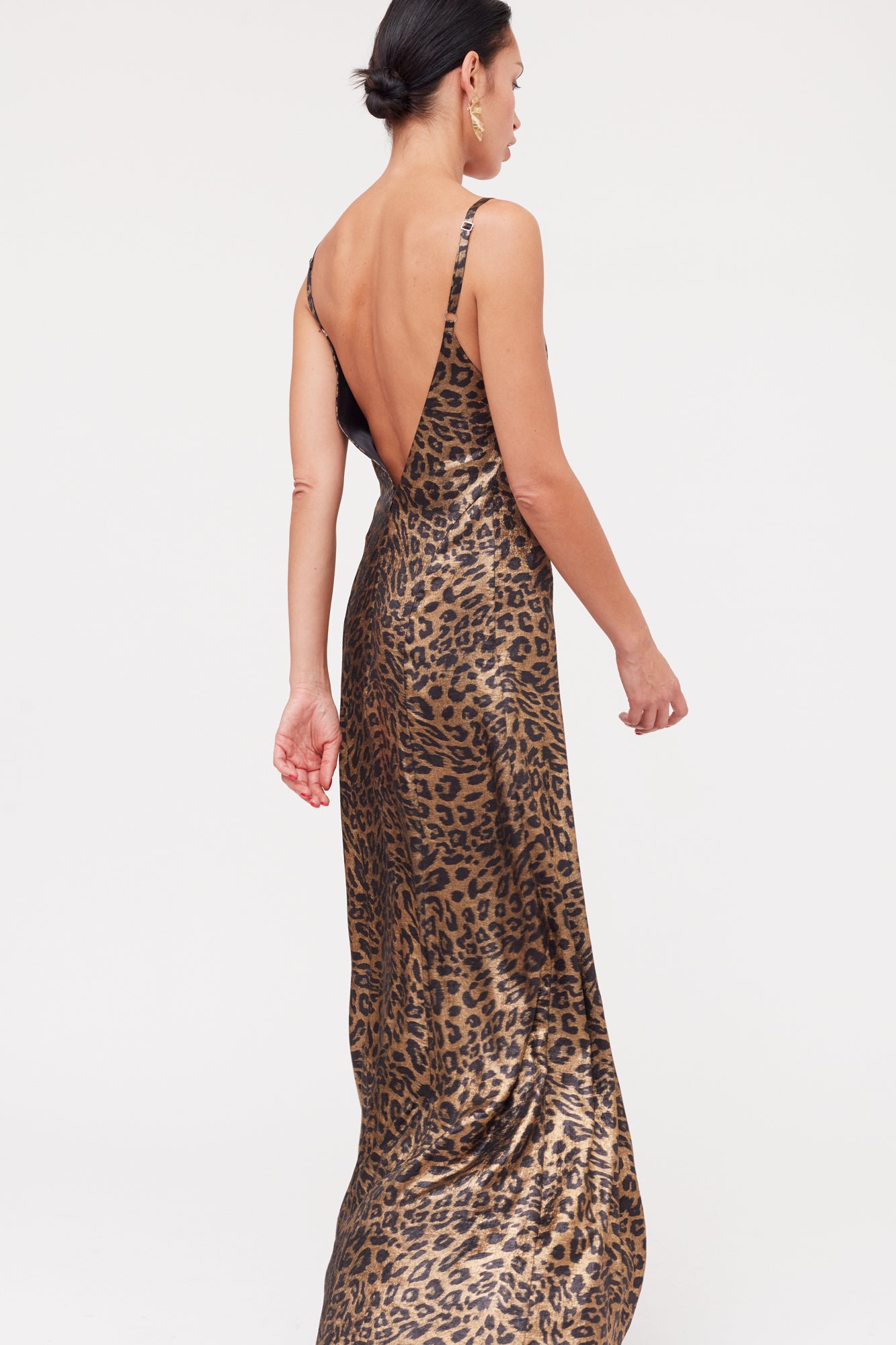 Shop Undress Ines Leopard Metallic Fabric Long Open Back Dress