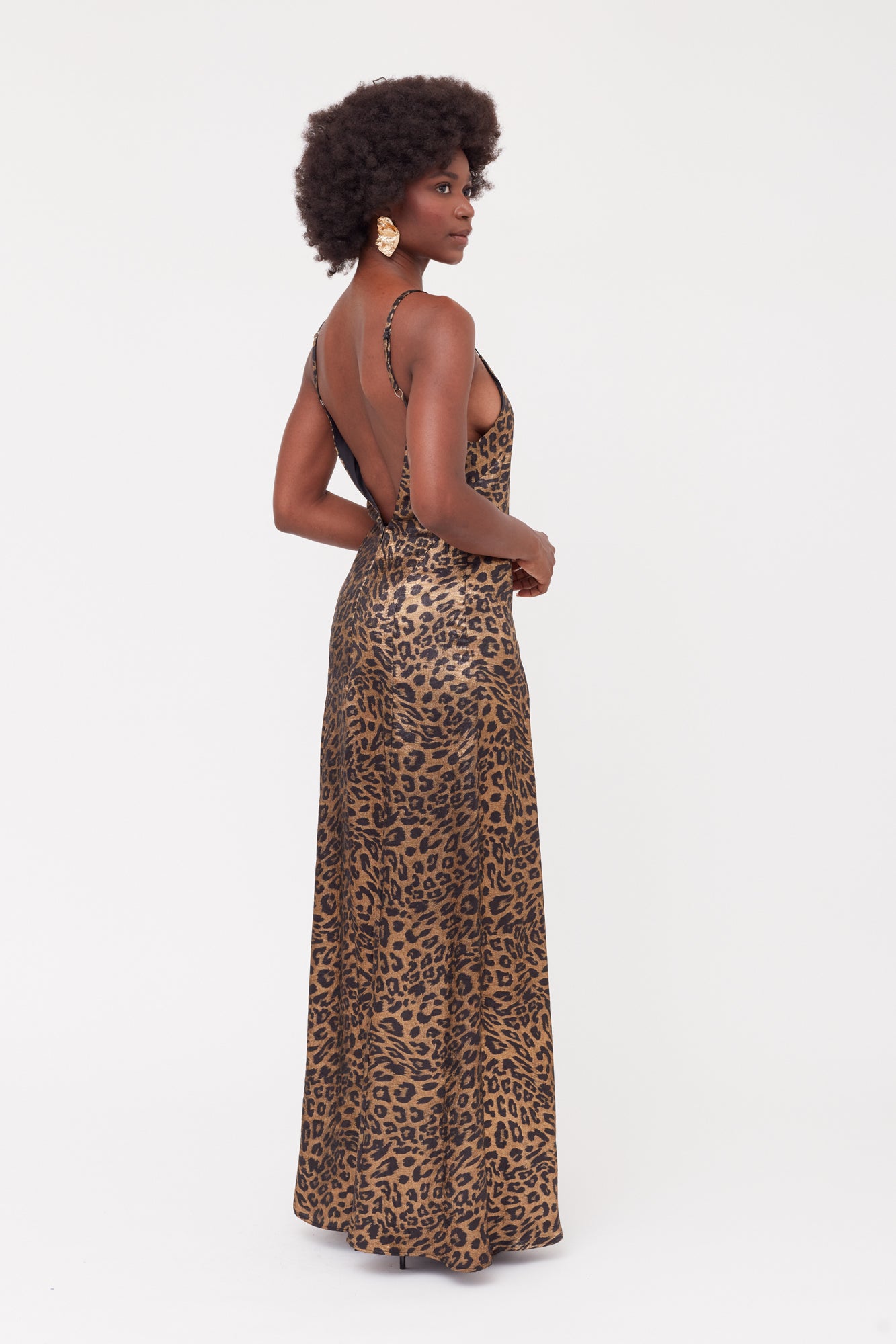 Shop Undress Ines Leopard Metallic Fabric Long Open Back Dress