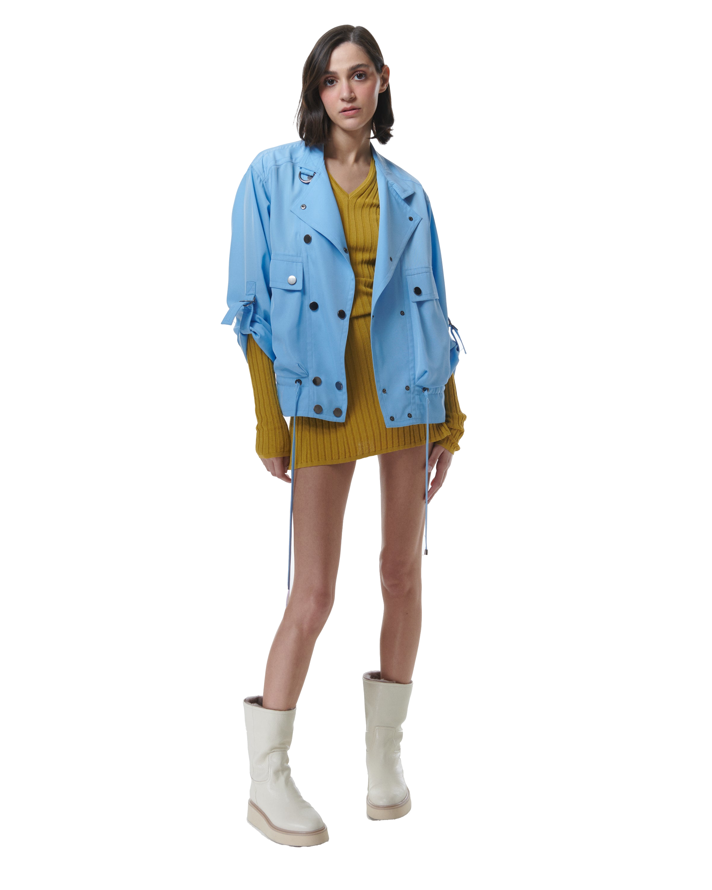 Shop Theo The Label Eos Draped Bomber In Blue