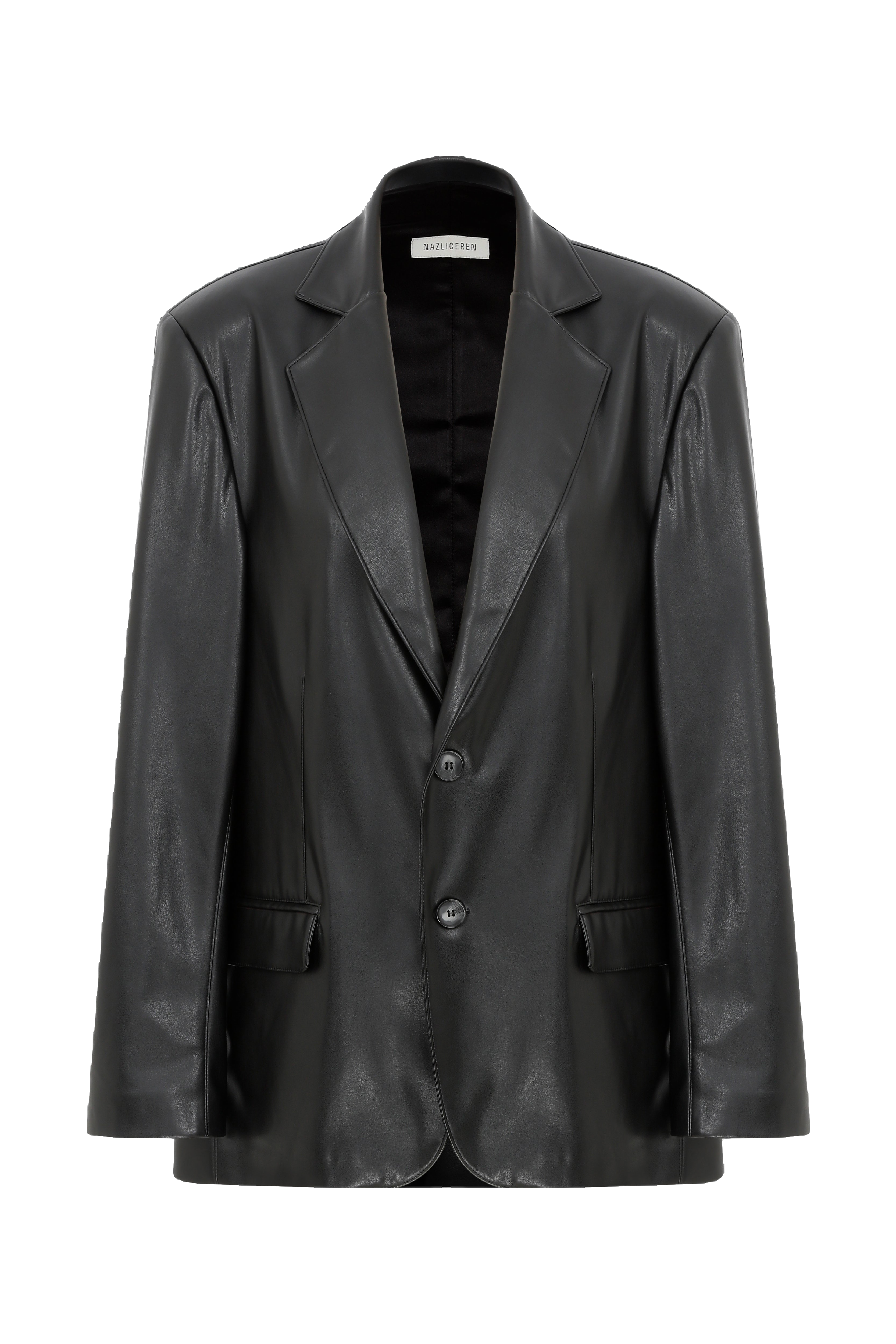 Nazli Ceren Boxy Vegan Leather Blazer In Noire In Black