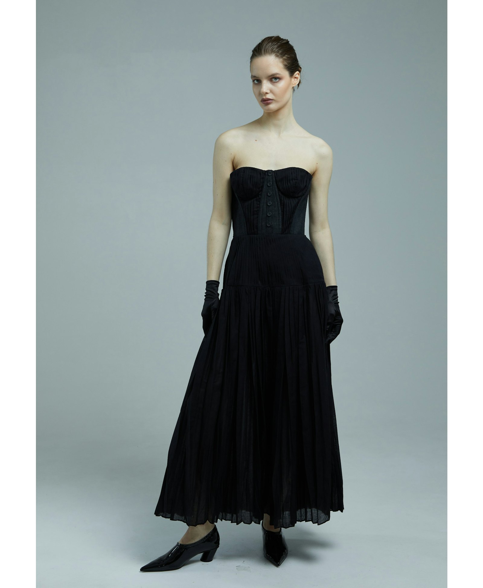 Pleated strapless dress made by Tamar Keburia