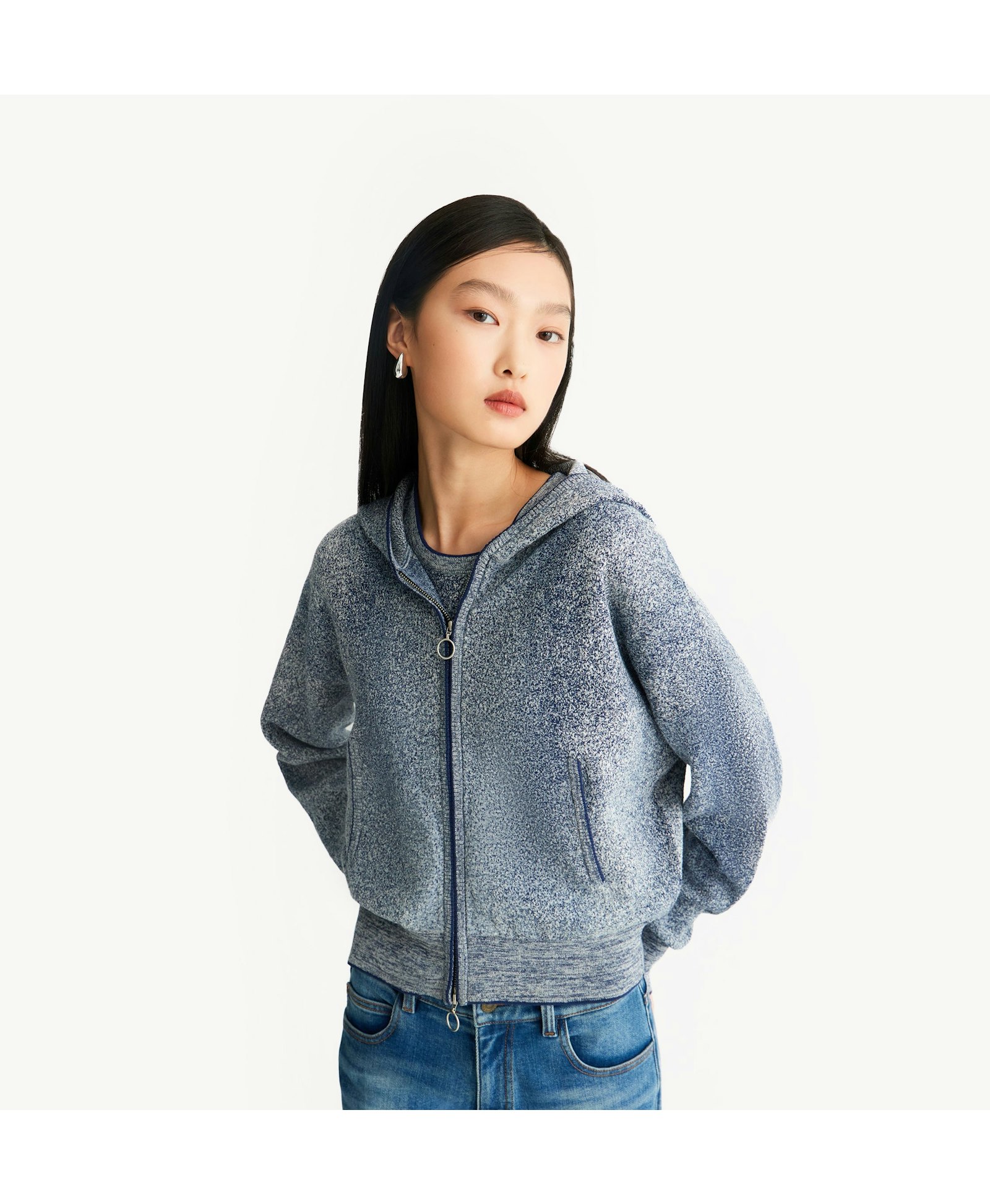 DENIM-LOOK HOODED CARDIGAN made by CRUSH Collection