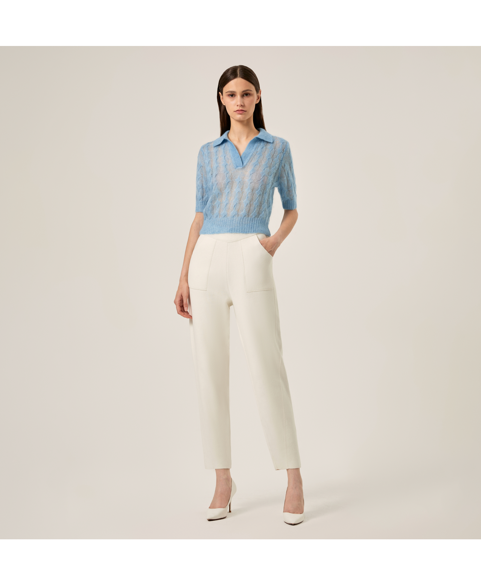 SHEER MOHAIR SHORT SLEEVE POLO SHIRT in Blue made by CRUSH Collection